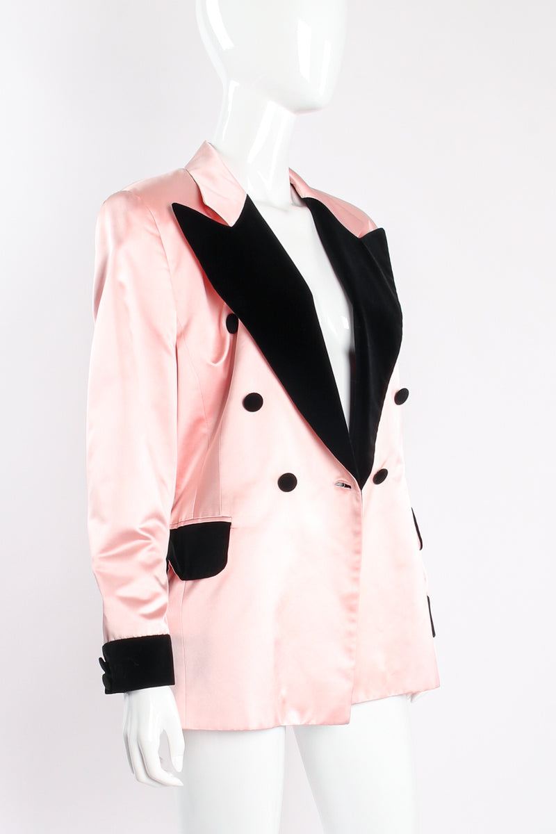 Vintage Escada Satin Contrast Tuxedo Jacket on mannequin angle at Recess Los Angeles