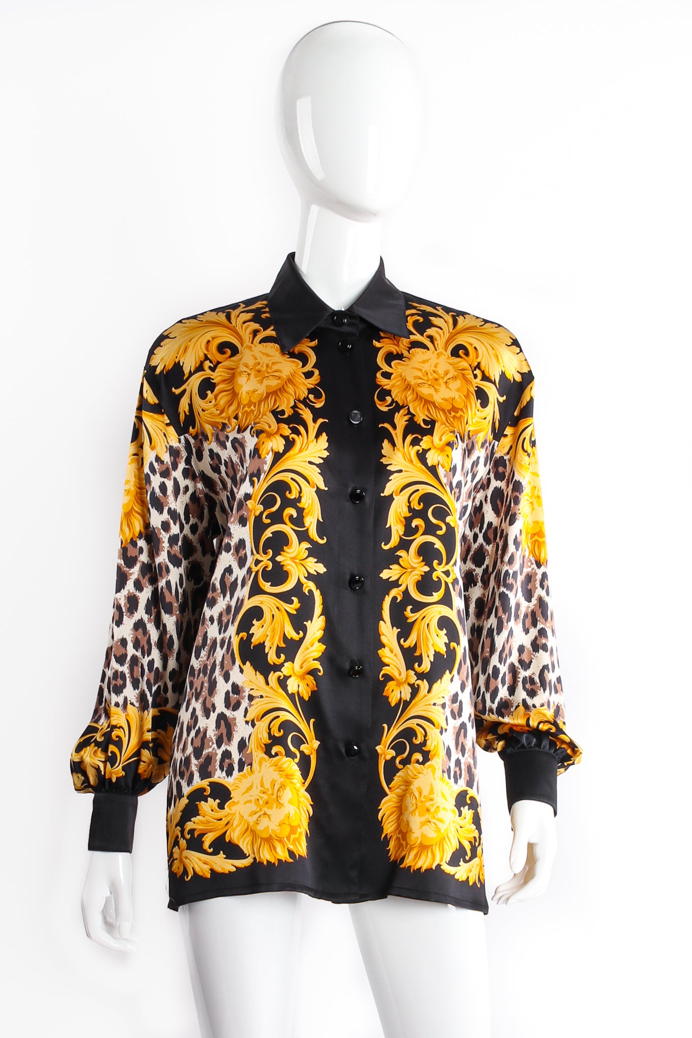 Vintage Escada Baroque Leopard Print Silk Shirt on mannequin front at Recess Los Angeles