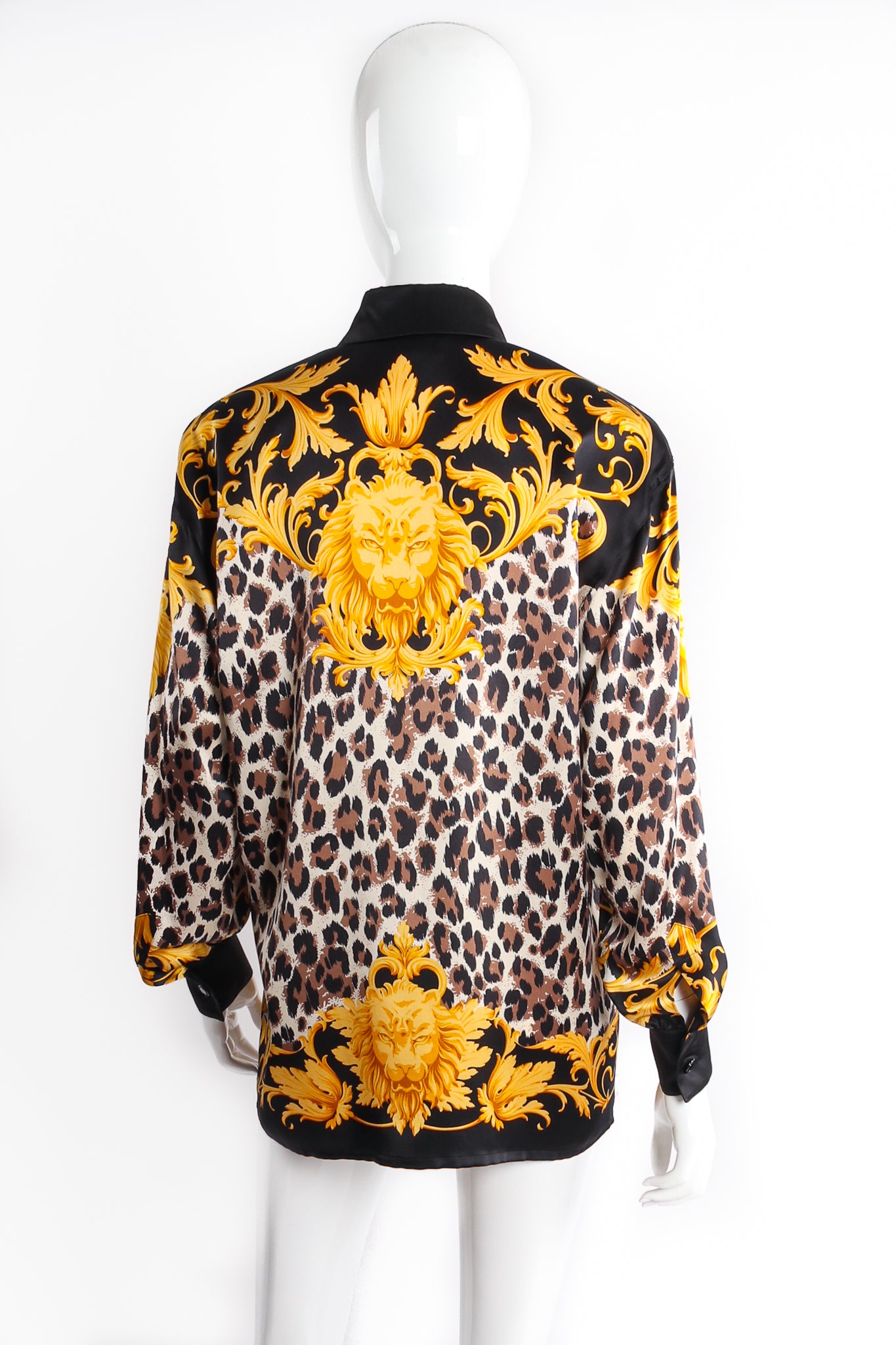 Vintage Escada Baroque Cheetah Print Silk Shirt on mannequin back at Recess Los Angeles