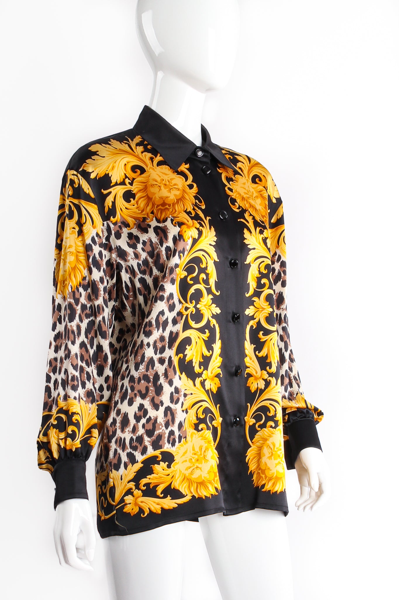 Vintage Escada Baroque Leopard Print Silk Shirt on mannequin angle at Recess Los Angeles