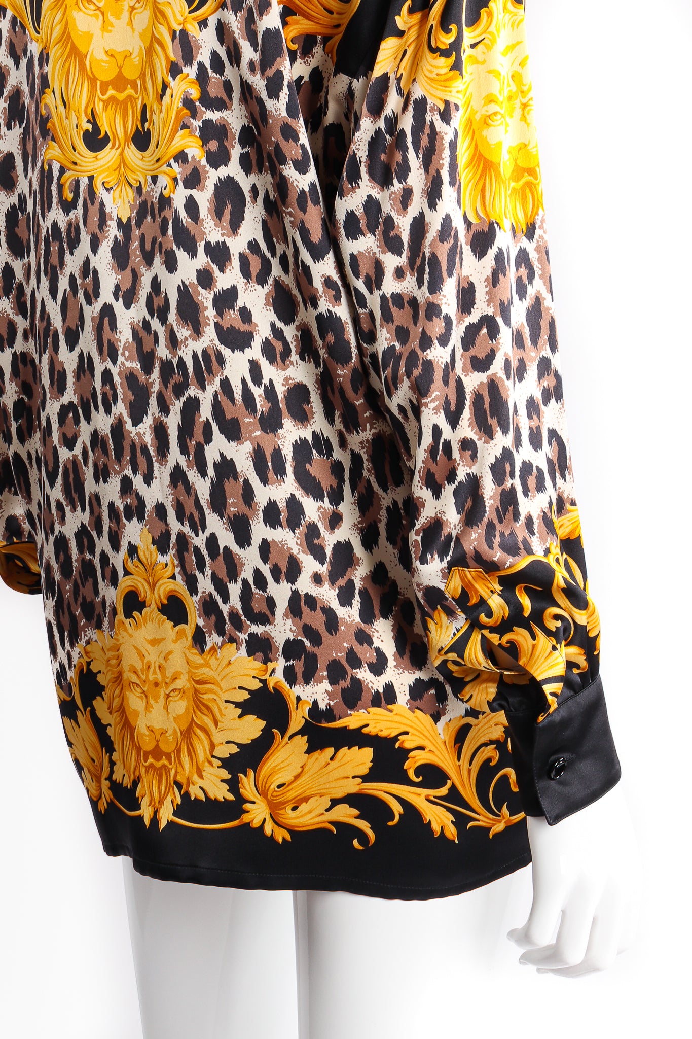 Vintage Escada Baroque Cheetah Print Silk Shirt on mannequin sleeve cuff at Recess Los Angeles