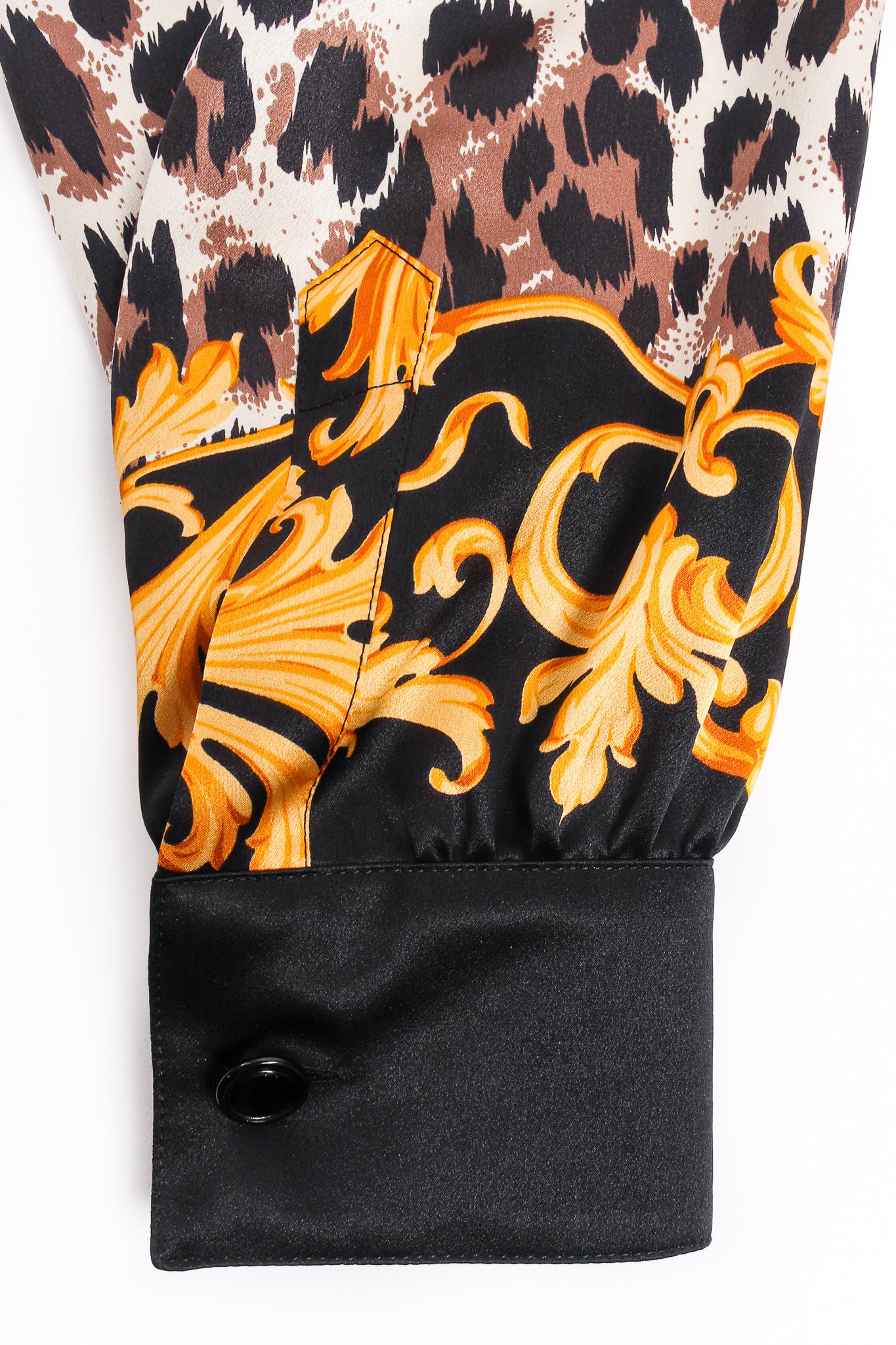 Vintage Escada Baroque Cheetah Print Silk Shirt sleeve cuff at Recess Los Angeles