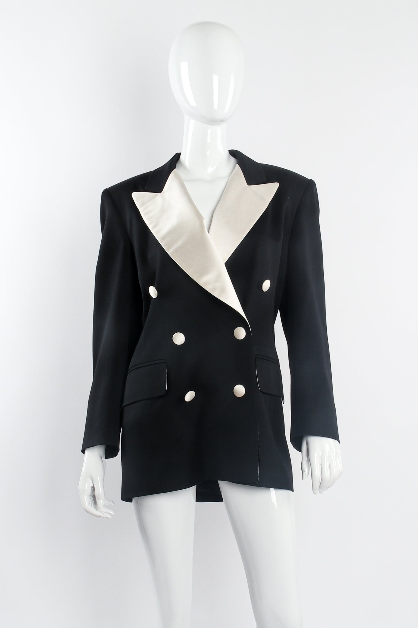 Vintage Escada Satin Trim Tuxedo Jacket on Mannequin front at Recess Los Angeles