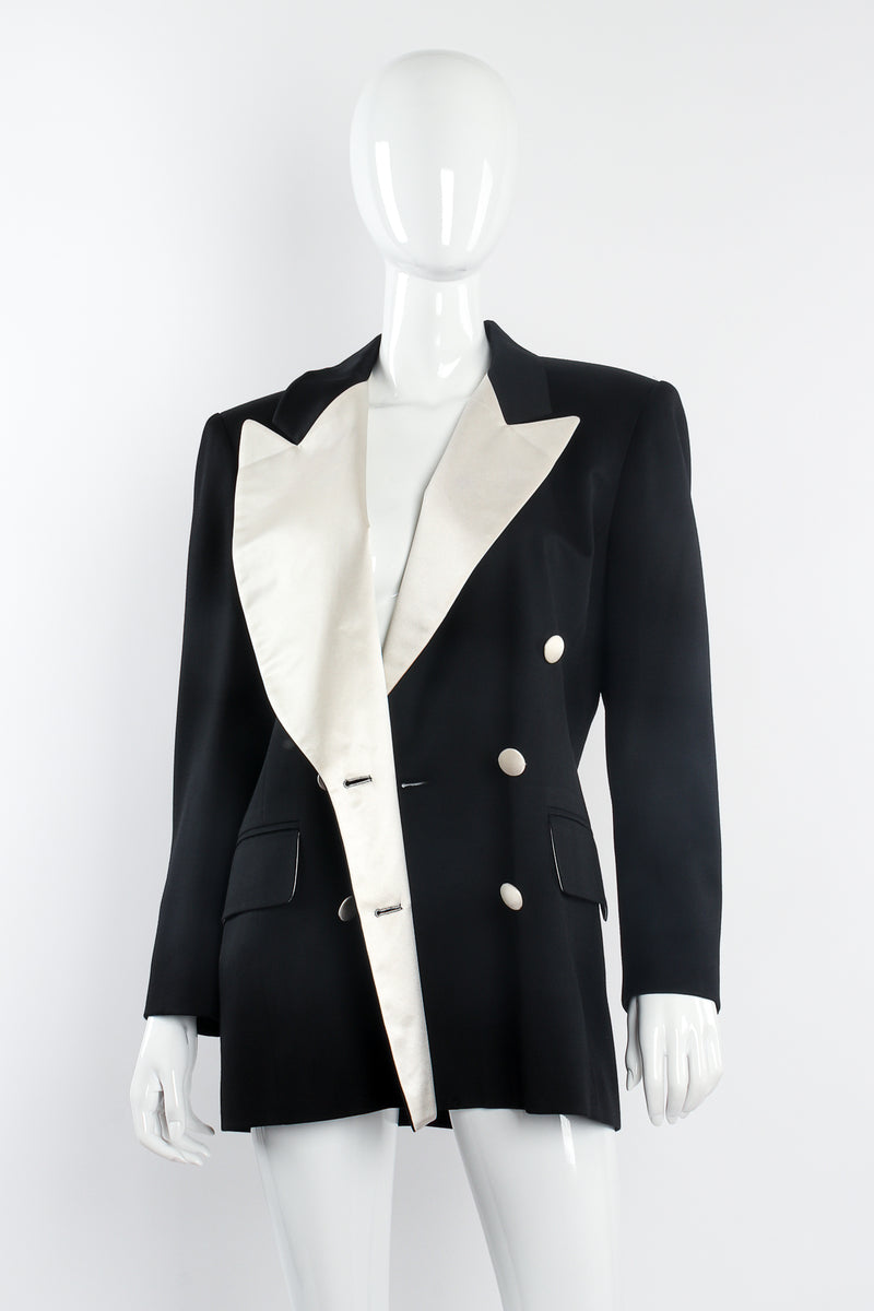 Vintage Escada Satin Trim Tuxedo Jacket on Mannequin front open at Recess Los Angeles