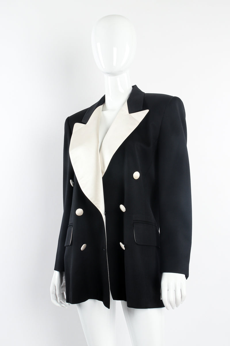 Vintage Escada Satin Trim Tuxedo Jacket on Mannequin angle at Recess Los Angeles