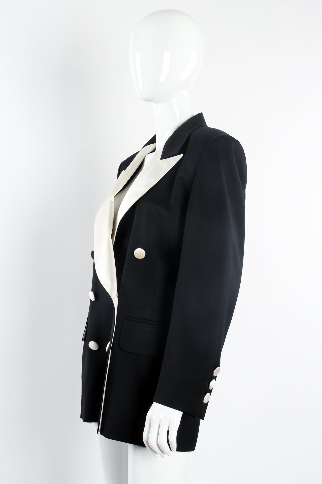 Vintage Escada Satin Trim Tuxedo Jacket on Mannequin side at Recess Los Angeles