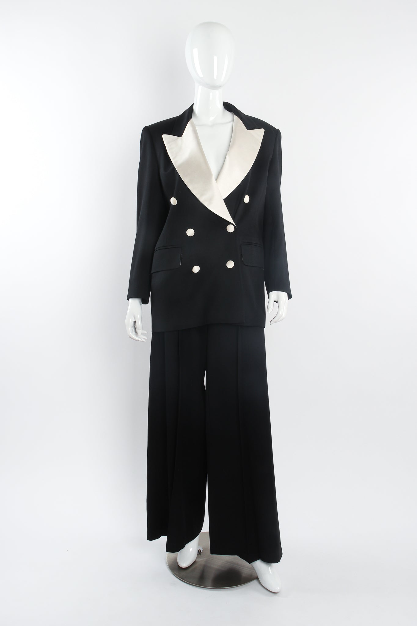 Vintage Escada Satin Trim Tuxedo Jacket & Pant Suit on Mannequin front at Recess Los Angeles