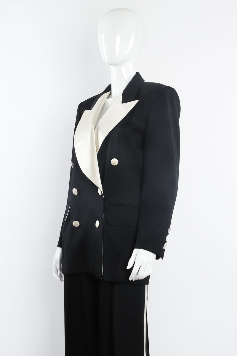 Vintage Escada Satin Trim Tuxedo Jacket & Pant Suit on Mannequin crop at Recess Los Angeles