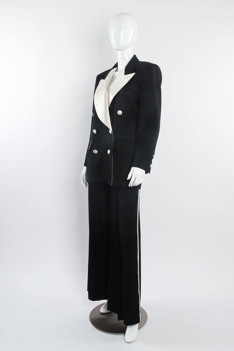 Vintage Escada Satin Trim Tuxedo Jacket & Pant Suit on Mannequin angle at Recess Los Angeles
