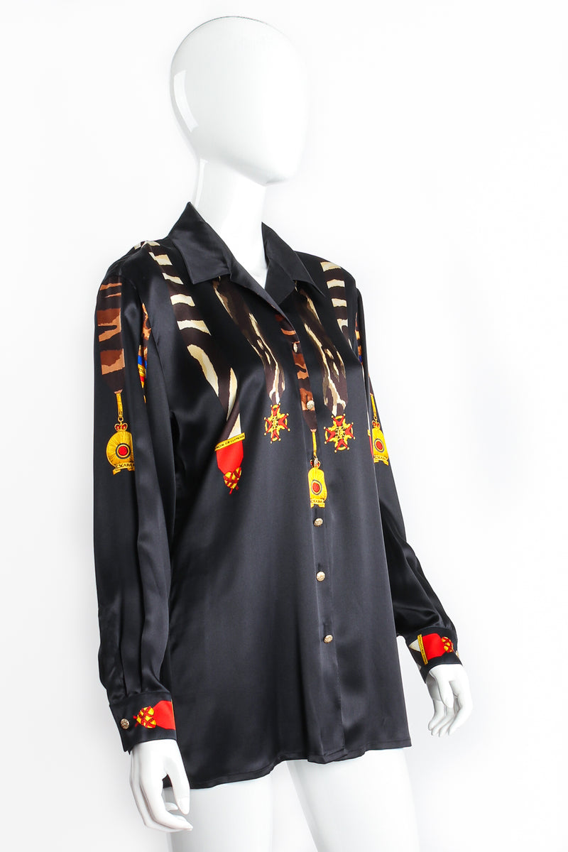 Vintage Escada Animal Ribbon Medals of Valor Shirt  on Mannequin Side at Recess LA