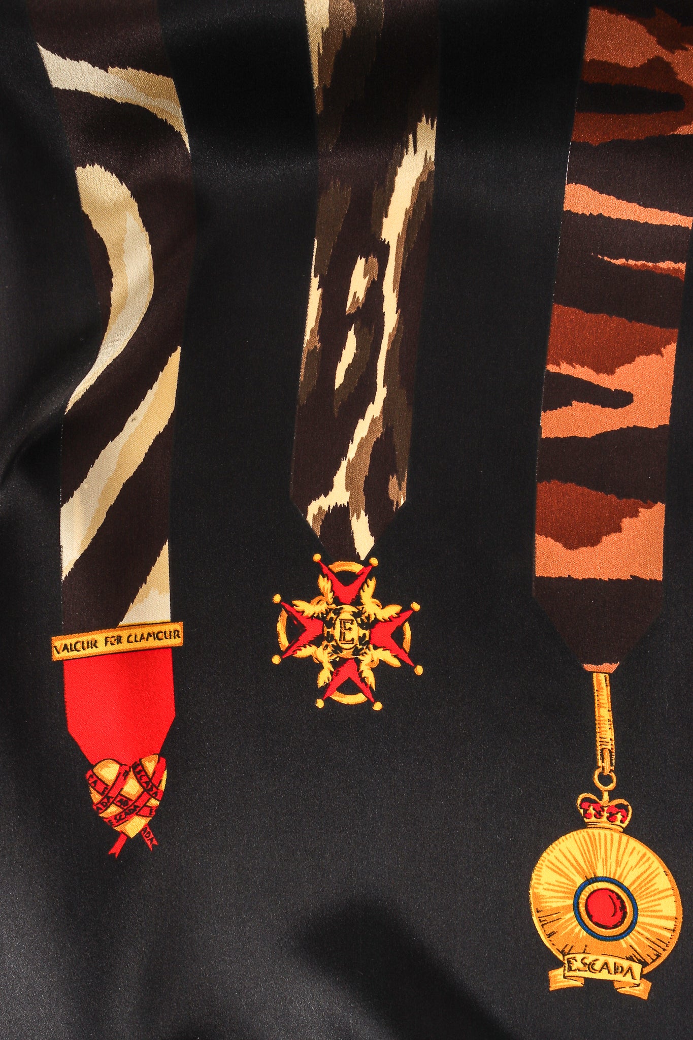 Vintage Escada Animal Ribbon Medals of Valor Shirt Closeup of Print at Recess LA