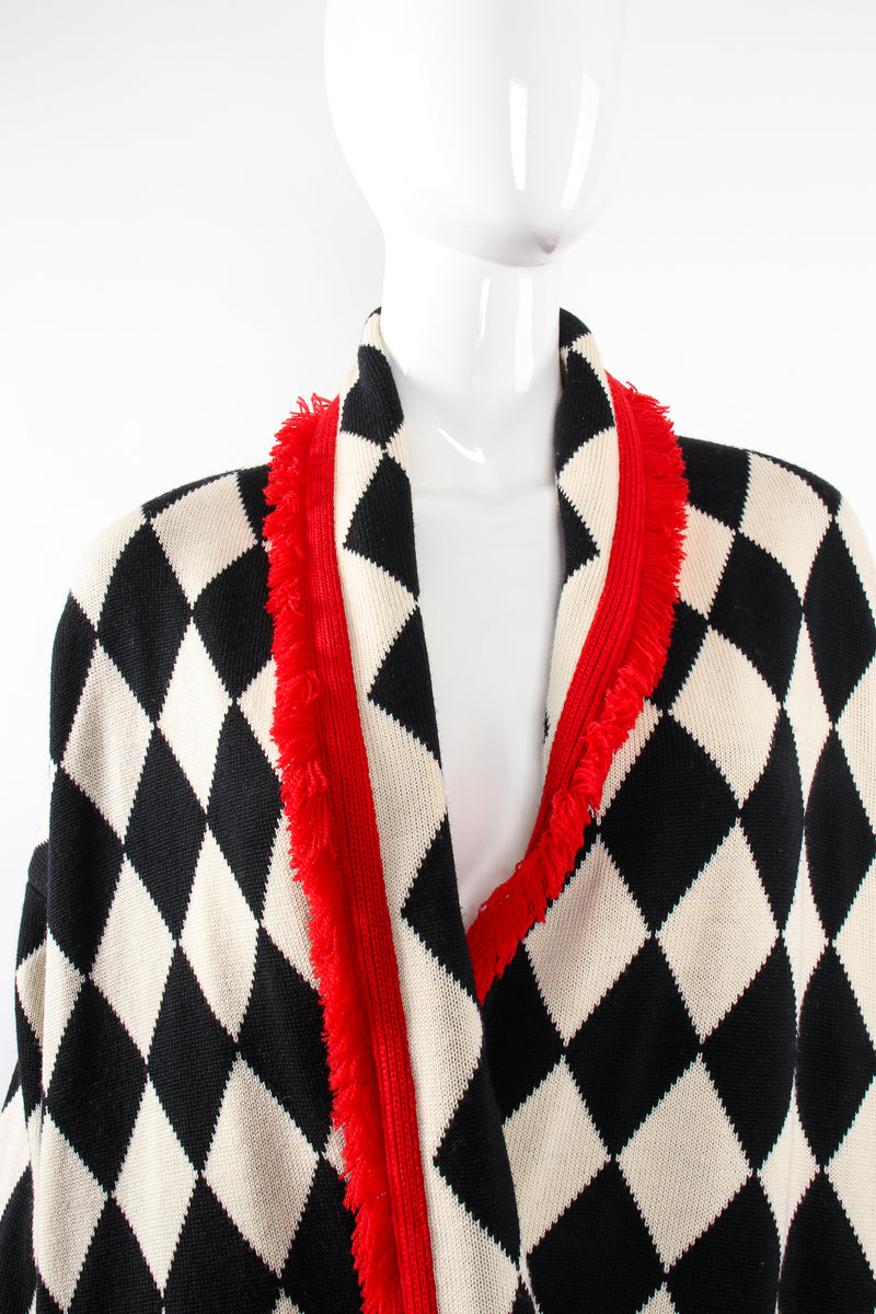 Vintage Escada Harlequin Knit Blanket Sweater on Mannequin neck at Recess Los Angeles