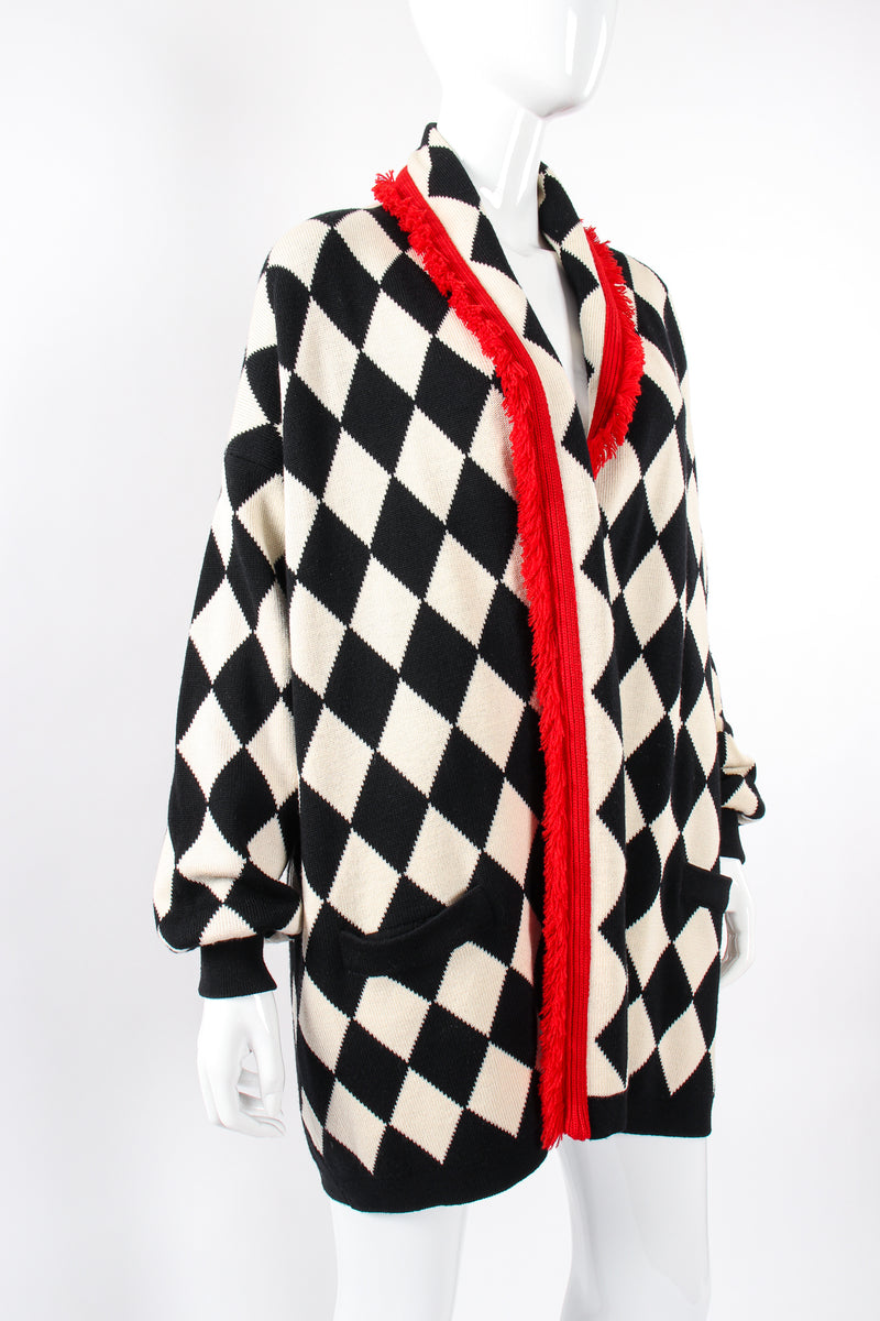Vintage Escada Harlequin Knit Blanket Sweater on Mannequin angle at Recess Los Angeles
