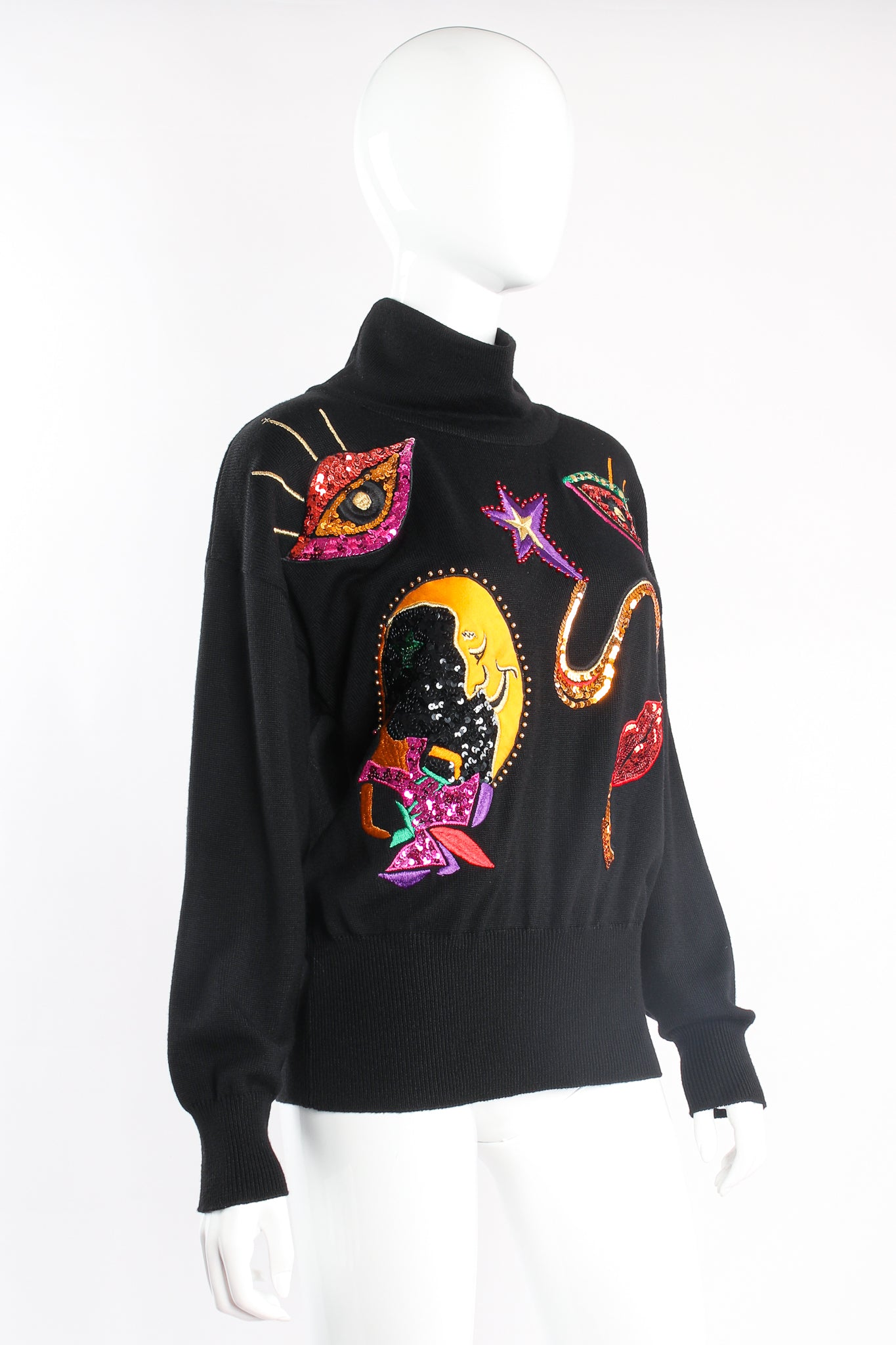Vintage Escada Embellished Moon Appliqué Sweater on mannequin angle at Recess Los Angeles