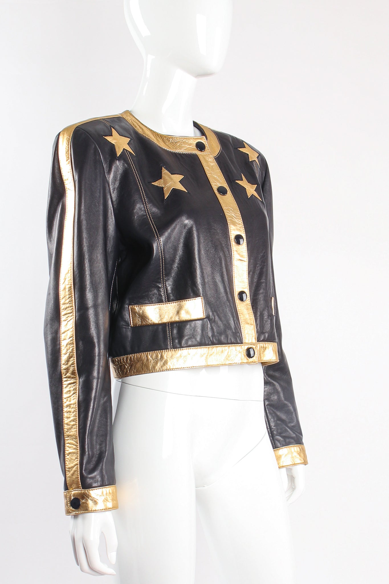 Vintage Escada Leather Star Boxy Jacket on mannequin angle at Recess Los Angeles