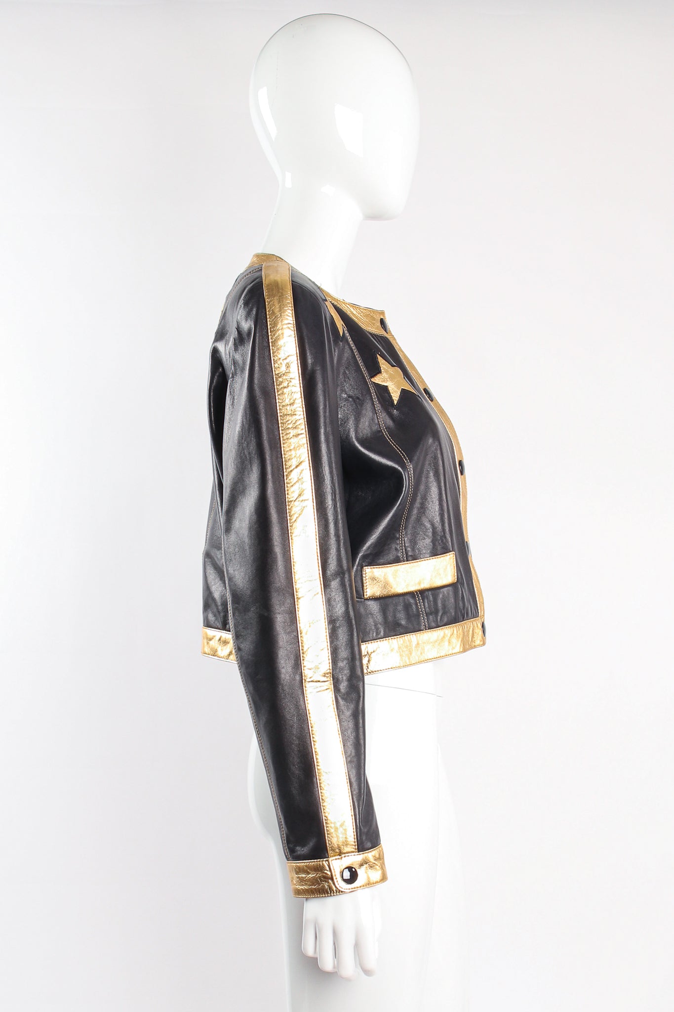 Vintage Escada Leather Star Boxy Jacket on mannequin side at Recess Los Angeles