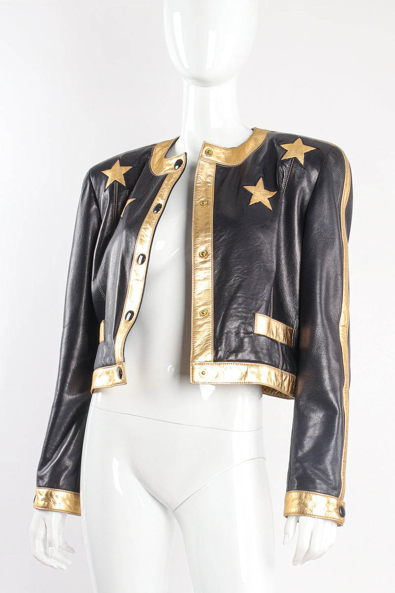 Vintage Escada Leather Star Boxy Jacket on mannequin open at Recess Los Angeles