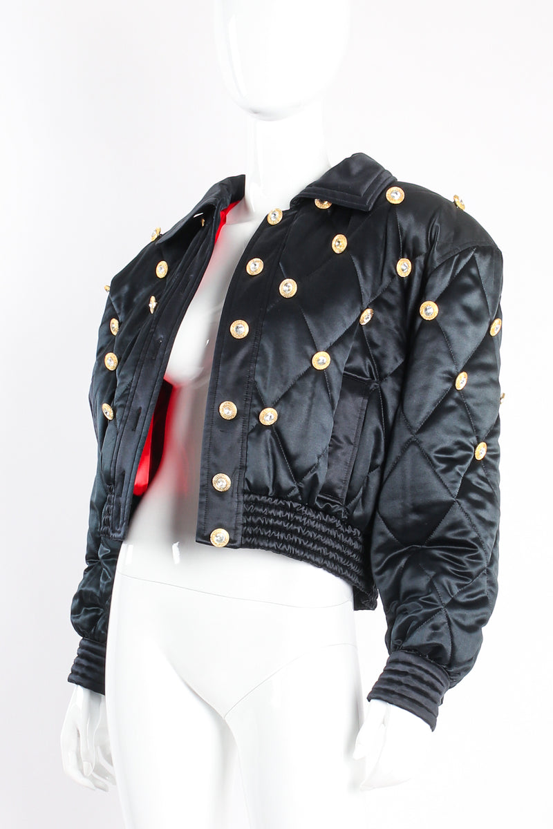 Vintage Escada Crystal Quilted Satin Cropped Bomber on Mannequin open at Recess Los Angeles