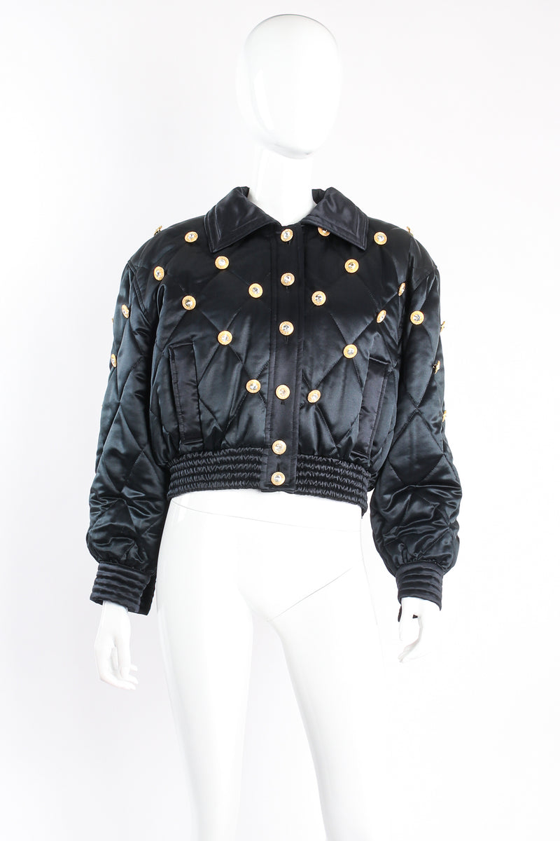 Vintage Escada Crystal Quilted Satin Cropped Bomber on Mannequin front at Recess Los Angeles