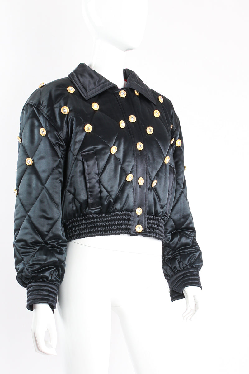 Vintage Escada Crystal Quilted Satin Cropped Bomber on Mannequin crop at Recess Los Angeles