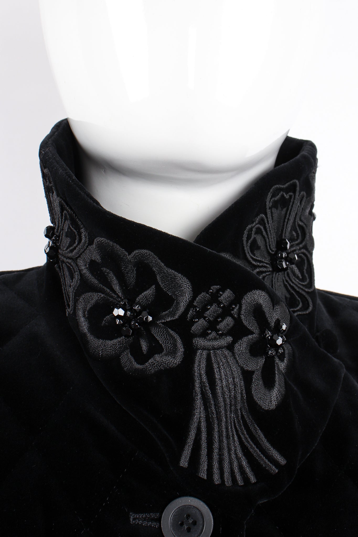 Vintage Escada Quilted Velvet Embellished Bomber on Mannequin collar detail at Recess Los Angeles