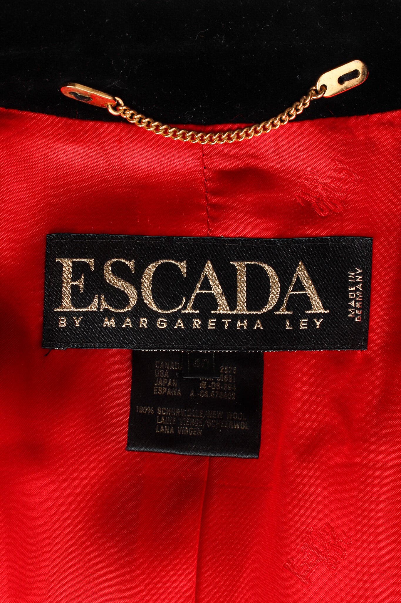 Vintage Escada by Margaretha Ley Embroidered Print Blazer tag/chain jacket hanger  @ Recess LA