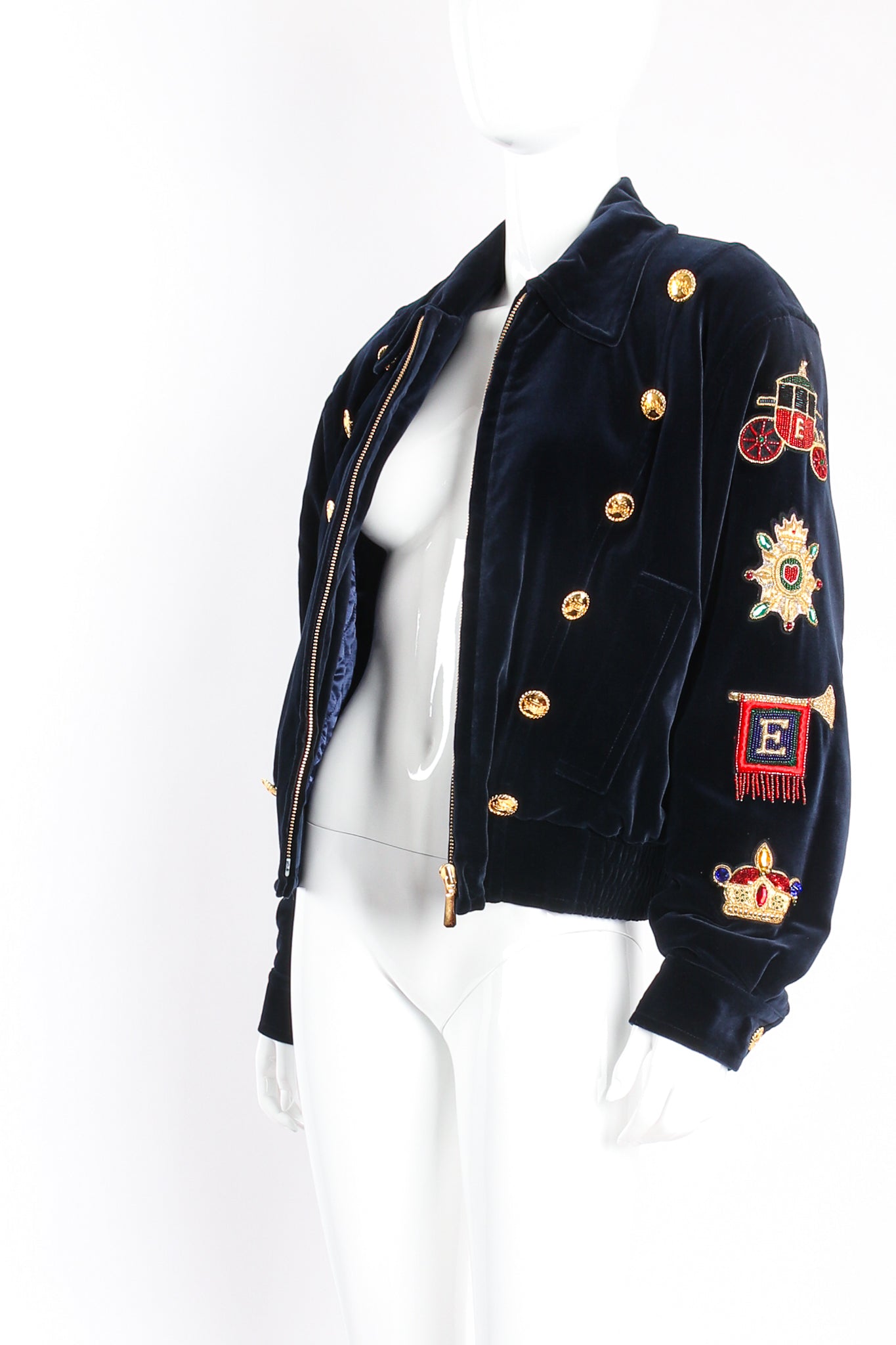 Vintage Escada Velvet Royal Appliqué Jacket on mannequin open at Recess Los Angeles