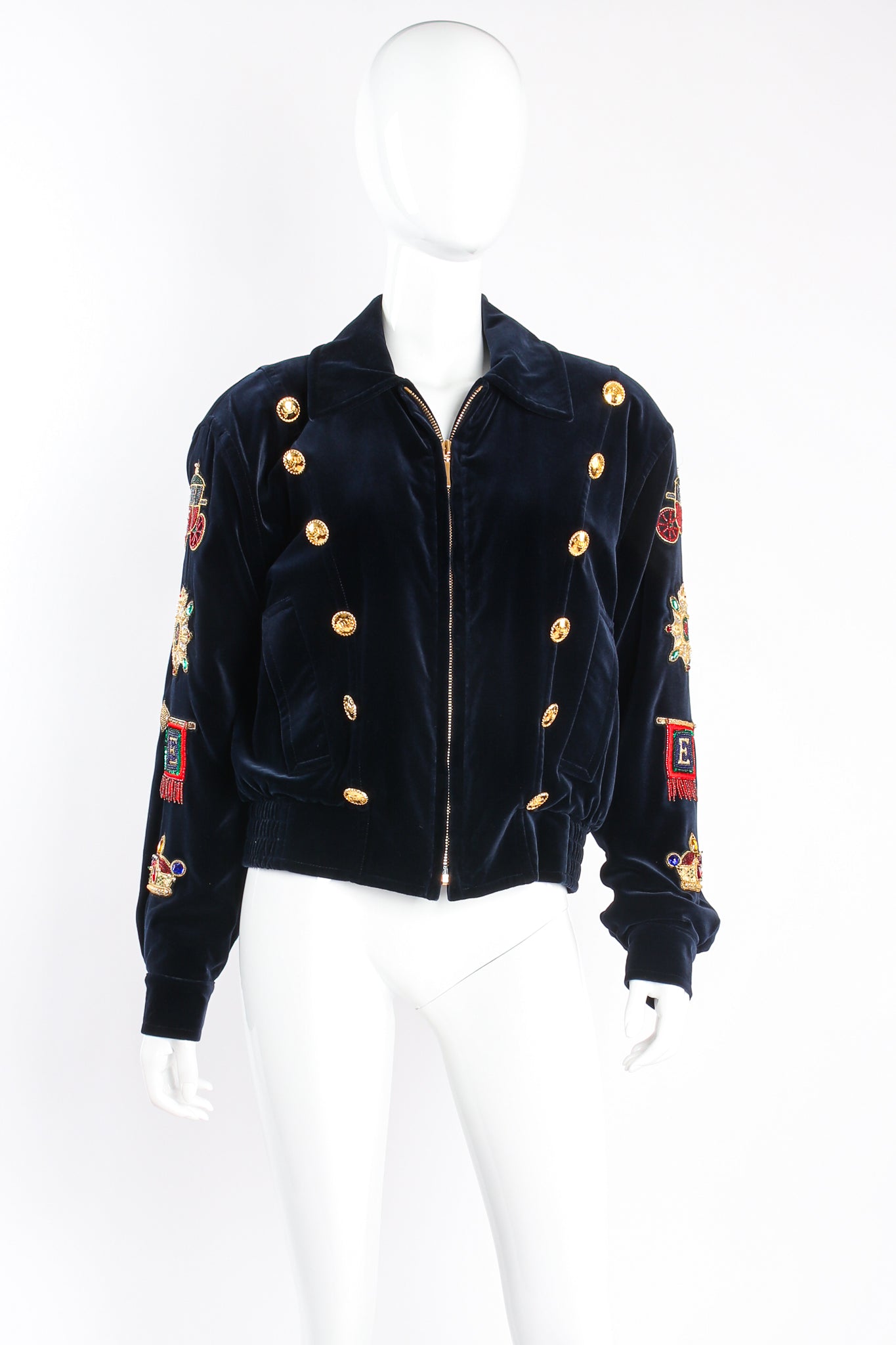 Vintage Escada Velvet Royal Appliqué Jacket on mannequin front at Recess Los Angeles
