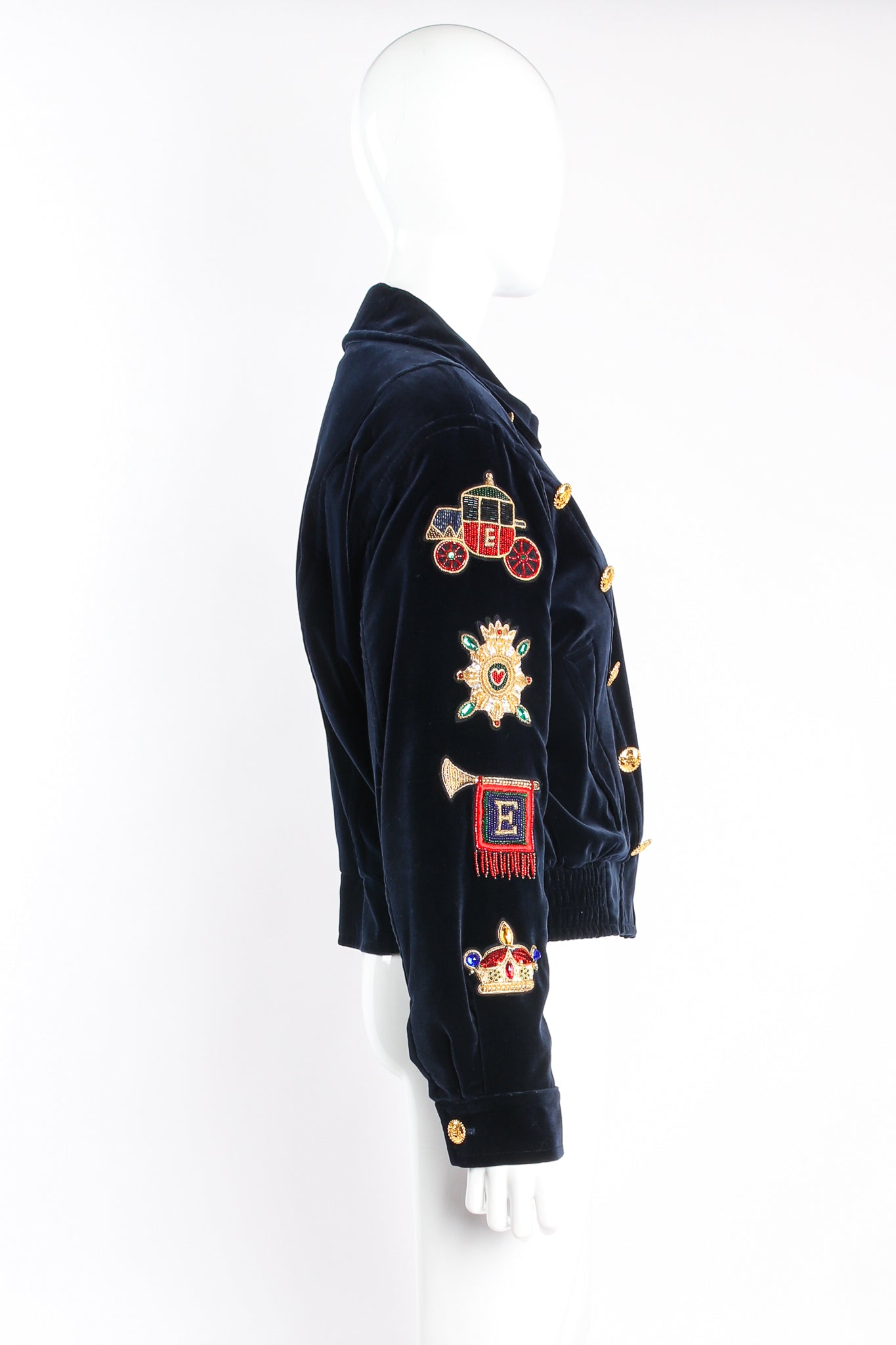 Vintage Escada Velvet Royal Appliqué Jacket on mannequin side at Recess Los Angeles