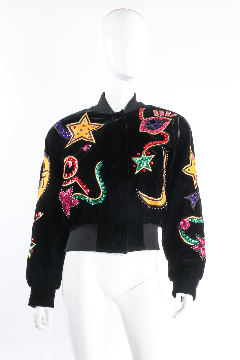 Vintage Escada Embellished Moon & Stars Bomber Jacket on mannequin front at Recess Los Angeles