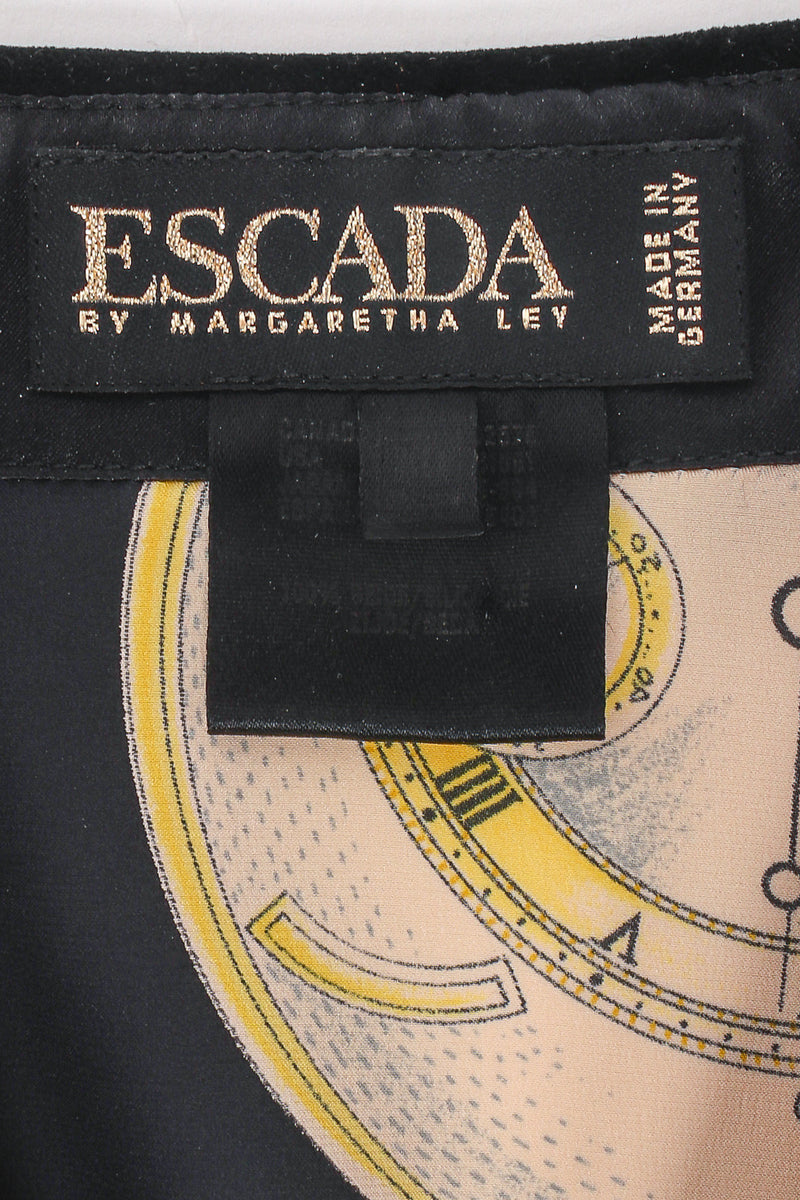 Vintage Escada Pocket Watch Print Silk Blouse Closeup of Label at Recess LA