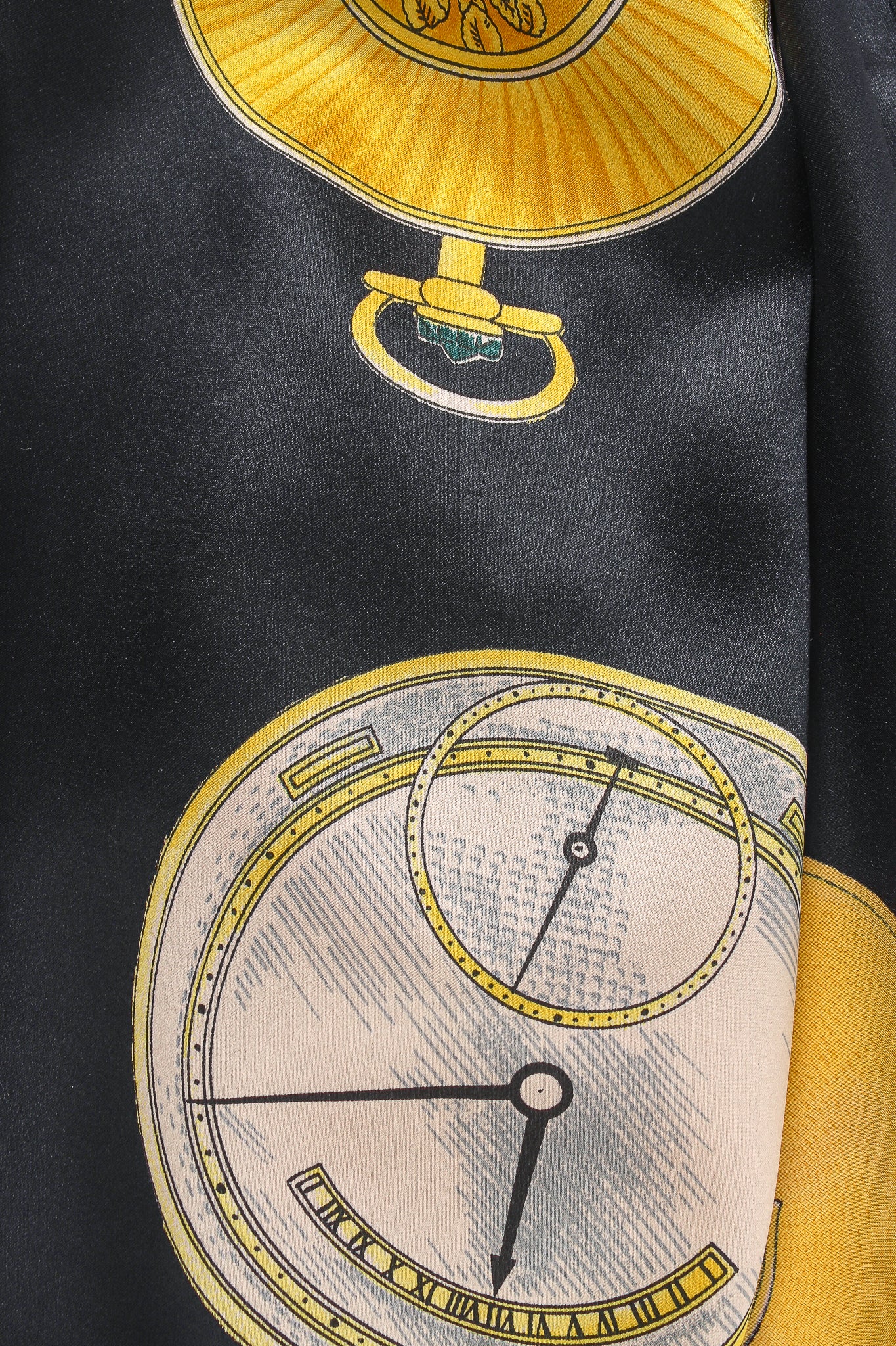 Vintage Escada Pocket Watch Print Silk Blouse Closeup of Print at Recess LA