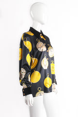 Vintage Escada Pocket Watch Print Silk Blouse on Mannequin Side at Recess LA