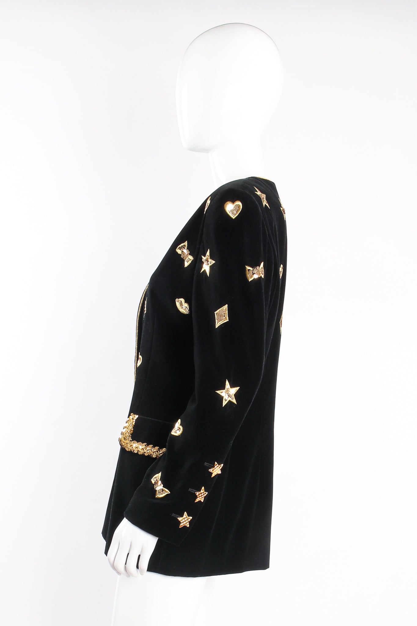 Vintage Escada Longline Velvet Star Appliqué Jacket on mannequin side at Recess Los Angeles