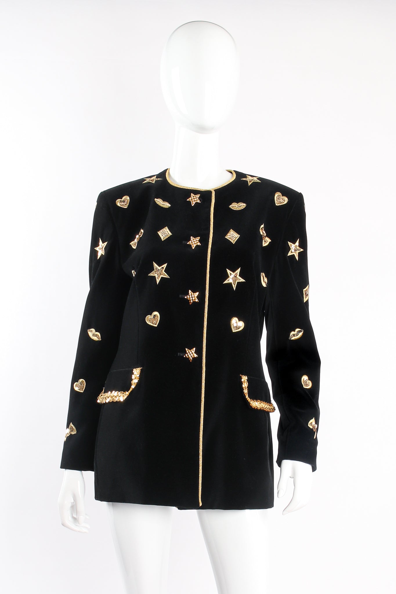 Vintage Escada Longline Velvet Star Appliqué Jacket on mannequin front at Recess Los Angeles