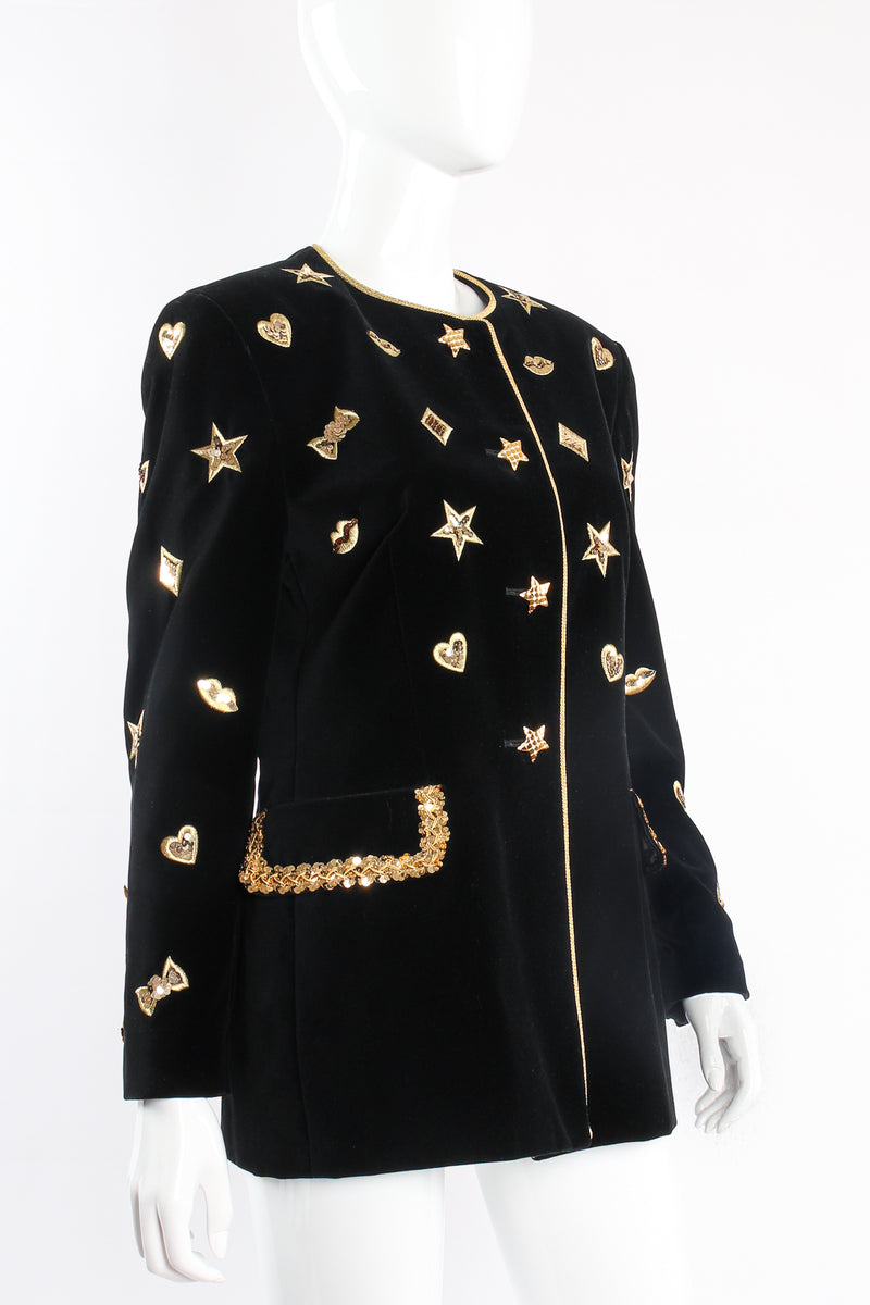Vintage Escada Longline Velvet Star Appliqué Jacket on mannequin angle at Recess Los Angeles