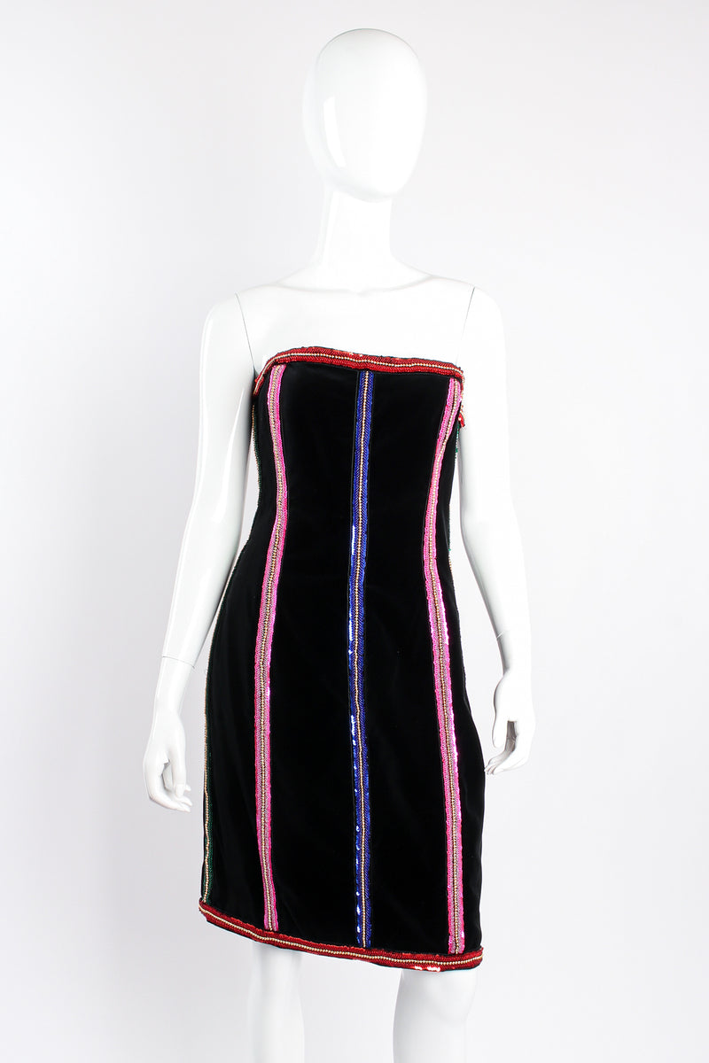 Vintage Escada Embellished Velvet Strapless Sheath Dress on mannequin front at Recess Los Angeles