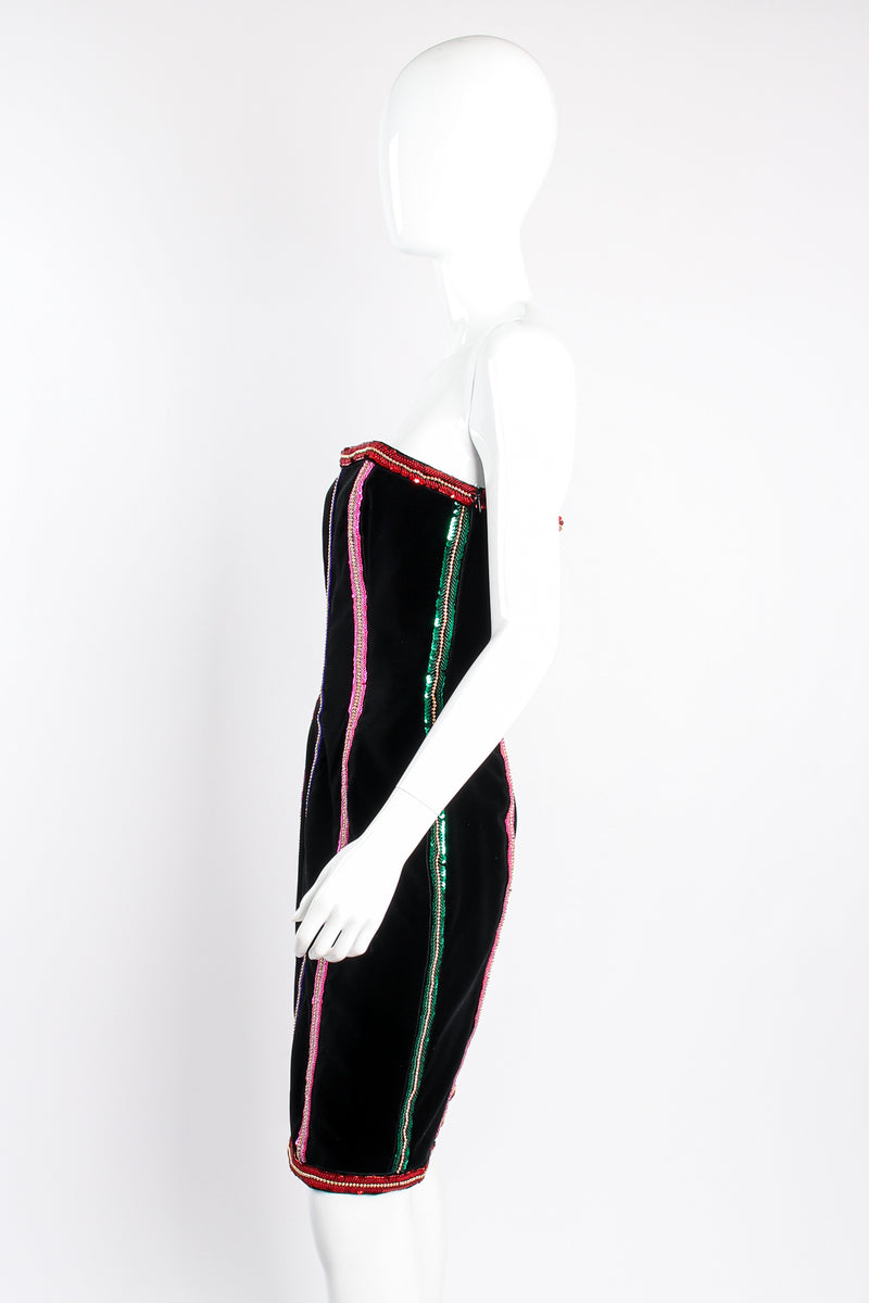 Vintage Escada Embellished Velvet Strapless Sheath Dress on mannequin side at Recess Los Angeles