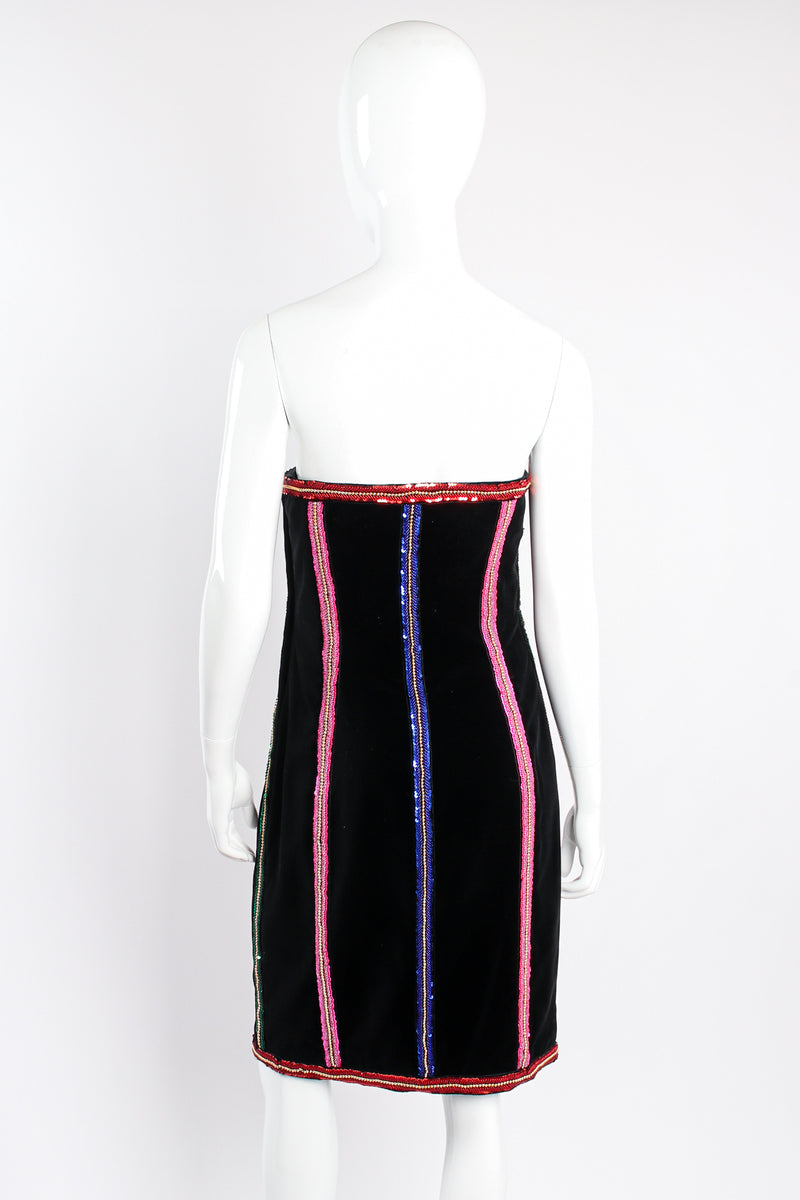 Vintage Escada Embellished Velvet Strapless Sheath Dress on mannequin back at Recess Los Angeles