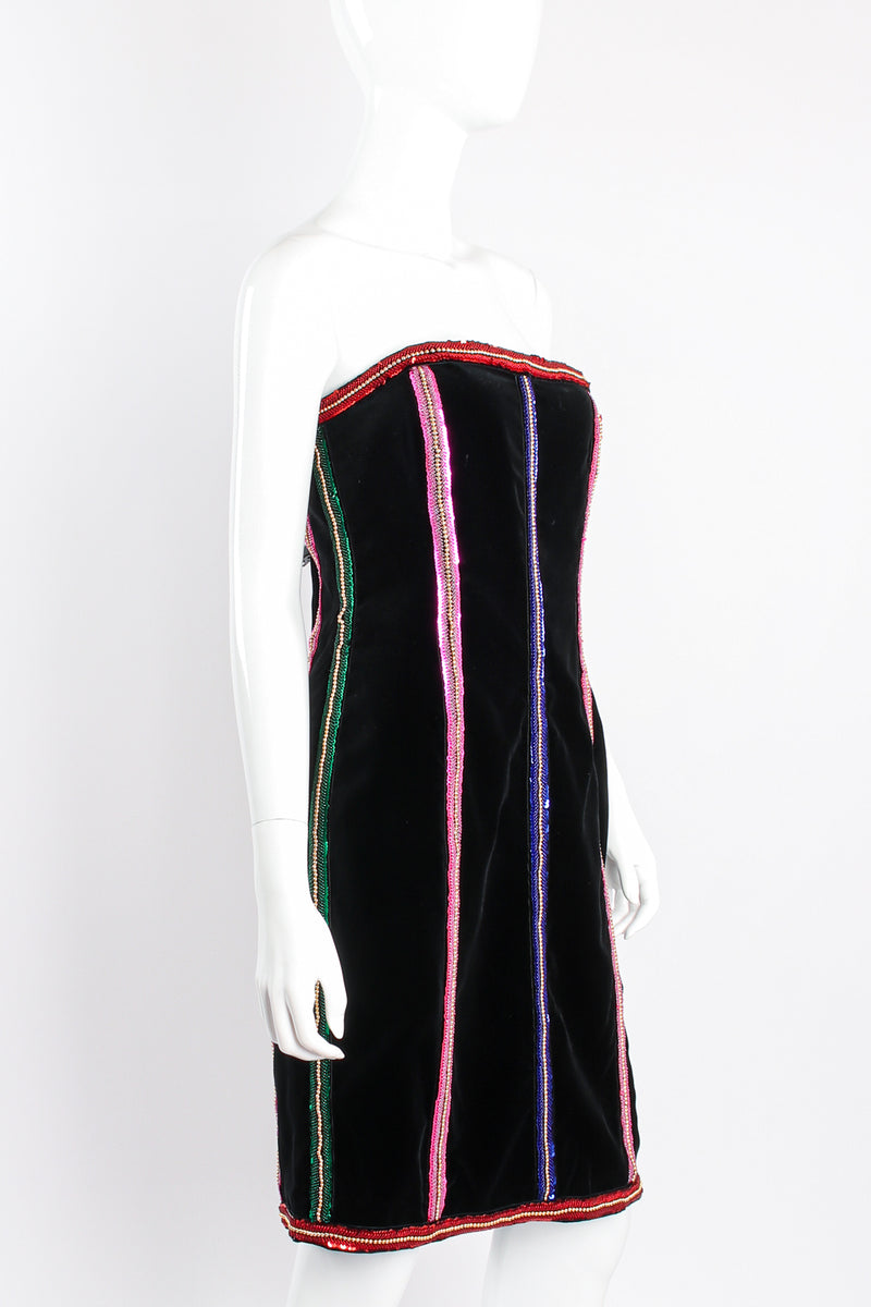 Vintage Escada Embellished Velvet Strapless Sheath Dress on mannequin angle at Recess Los Angeles