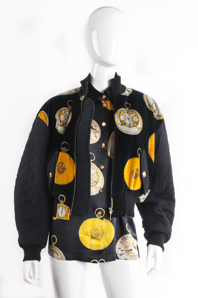 Vintage Escada Pocket Watch Print Silk Blouse with Matching Jacket on Mannequin at Recess LA