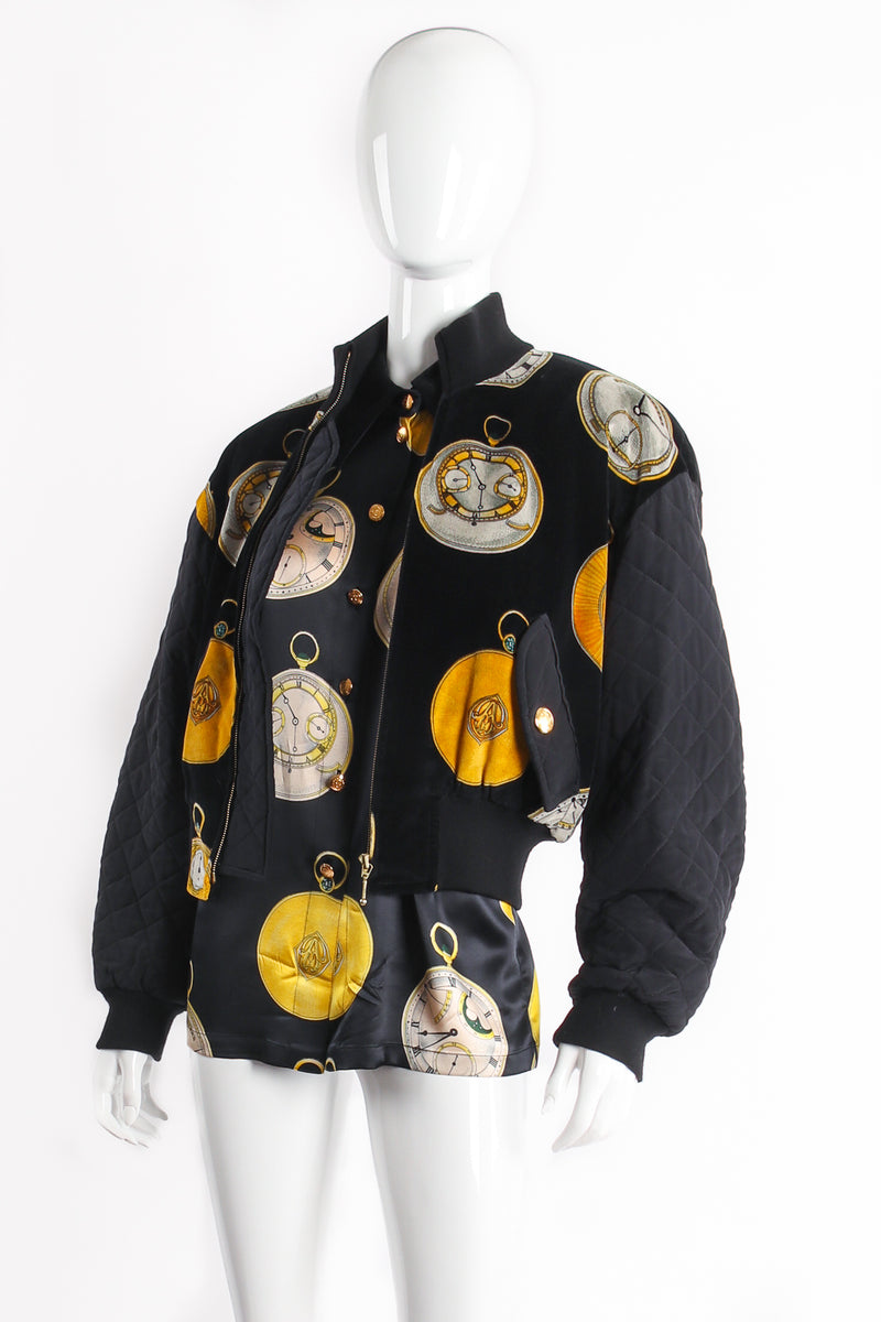 Vintage Escada Pocket Watch Print Silk Blouse with Matching Jacket on Mannequin Front at Recess LA