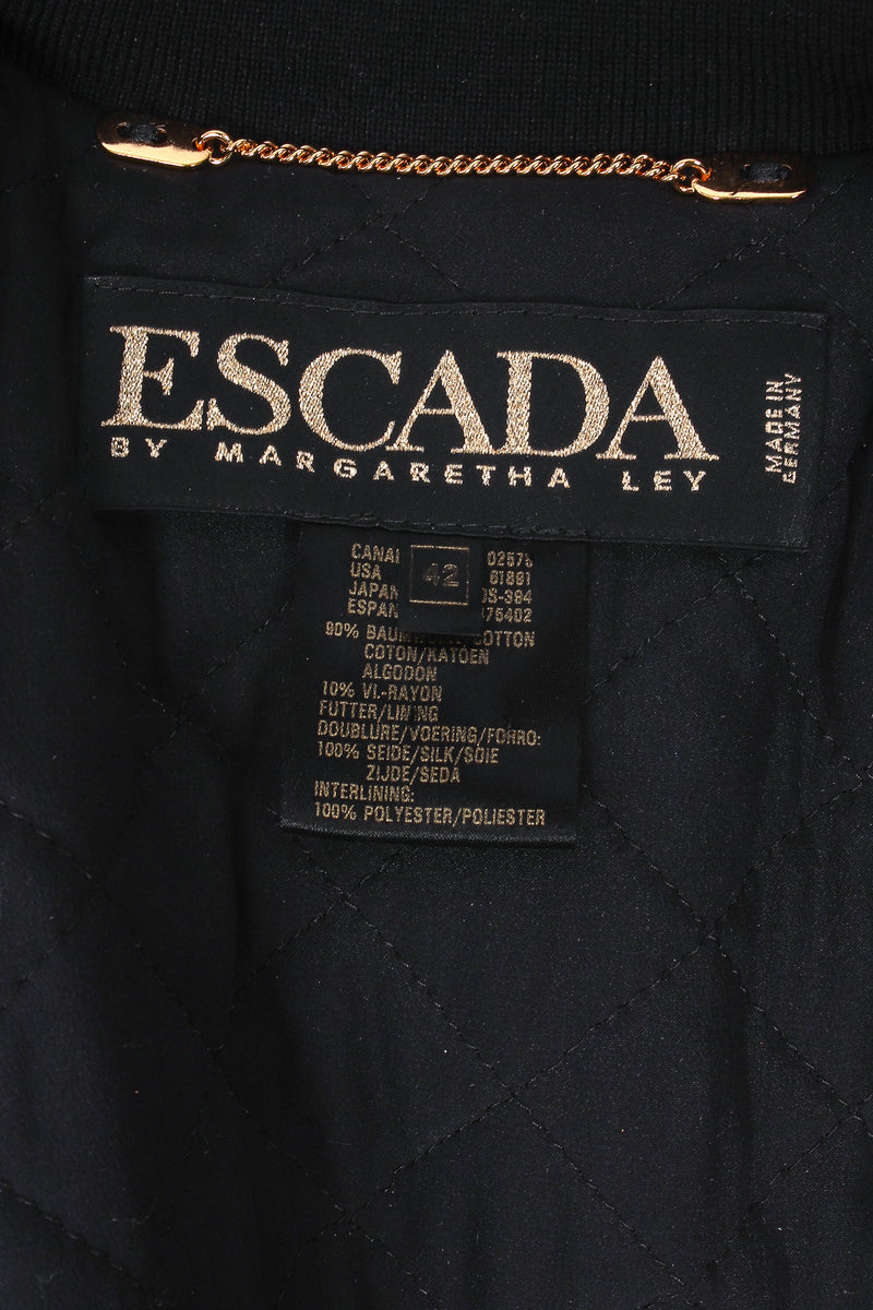 Vintage Escada Pocket Watch Velvet Bomber Jacket Closeup Label at Recess LA