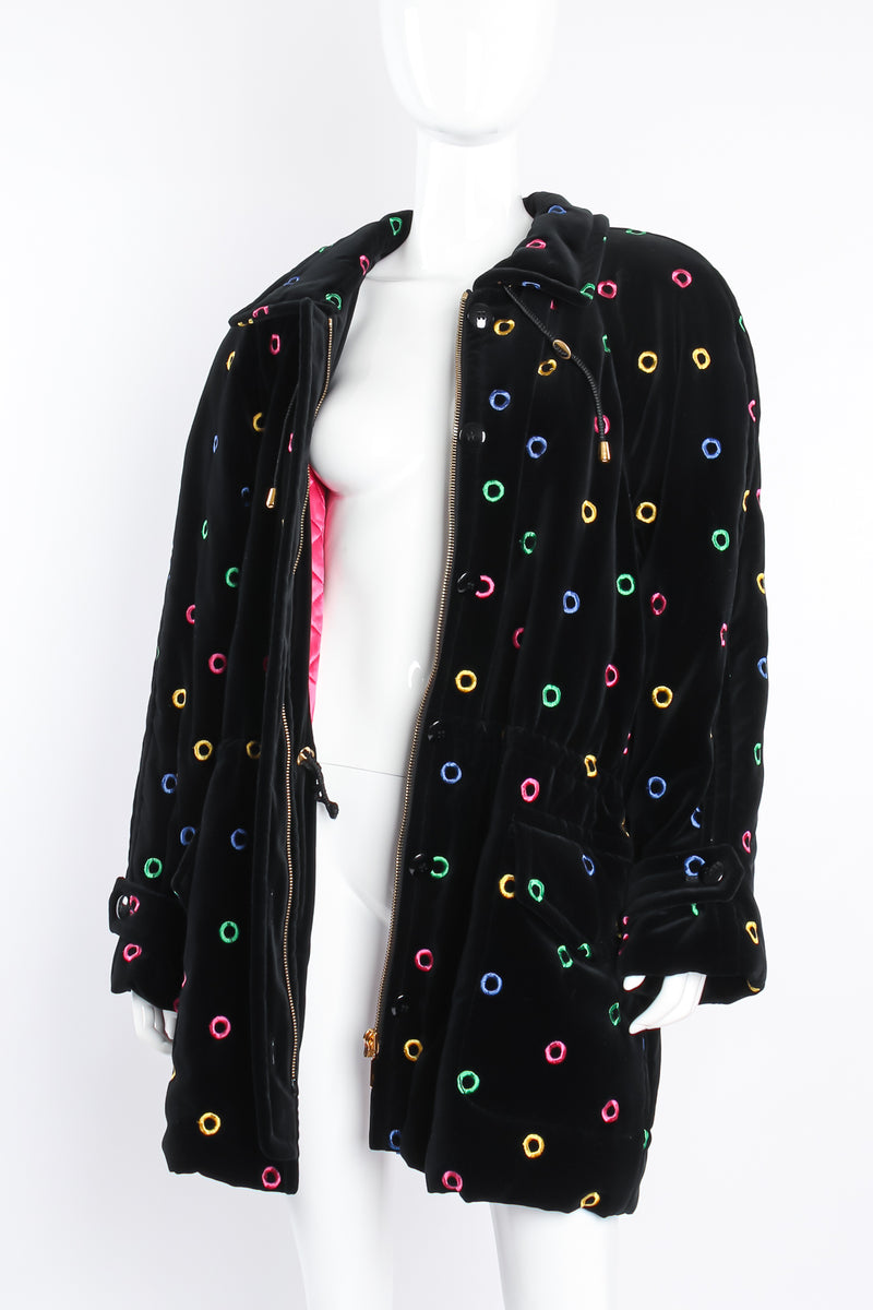 Vintage Escada Quilted Velvet Rainbow Ring Parka on mannequin open at Recess Los Angeles
