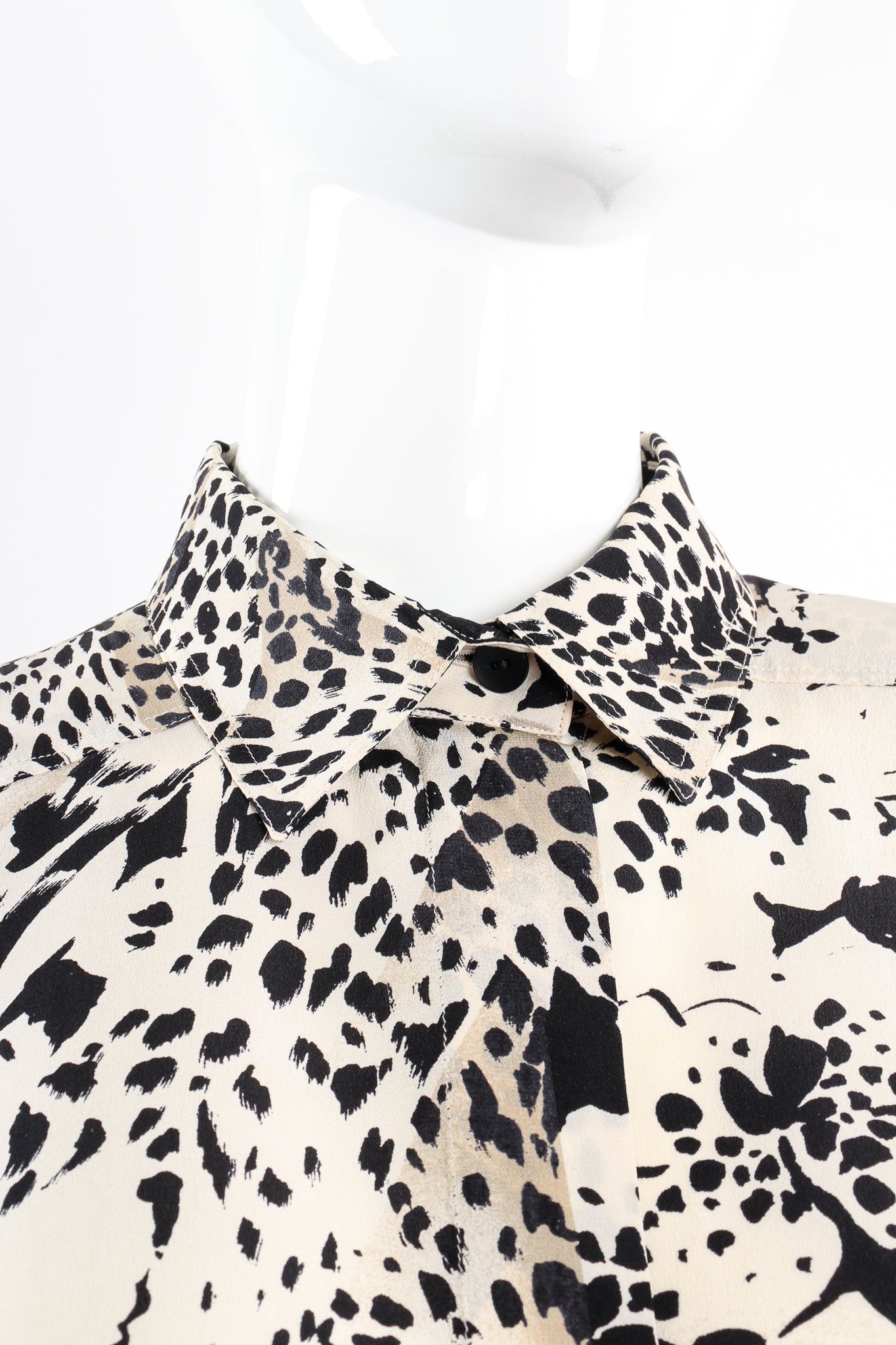 Vintage Escada Aloha Cheetah Print Shirt on mannequin collar at Recess Los Angeles