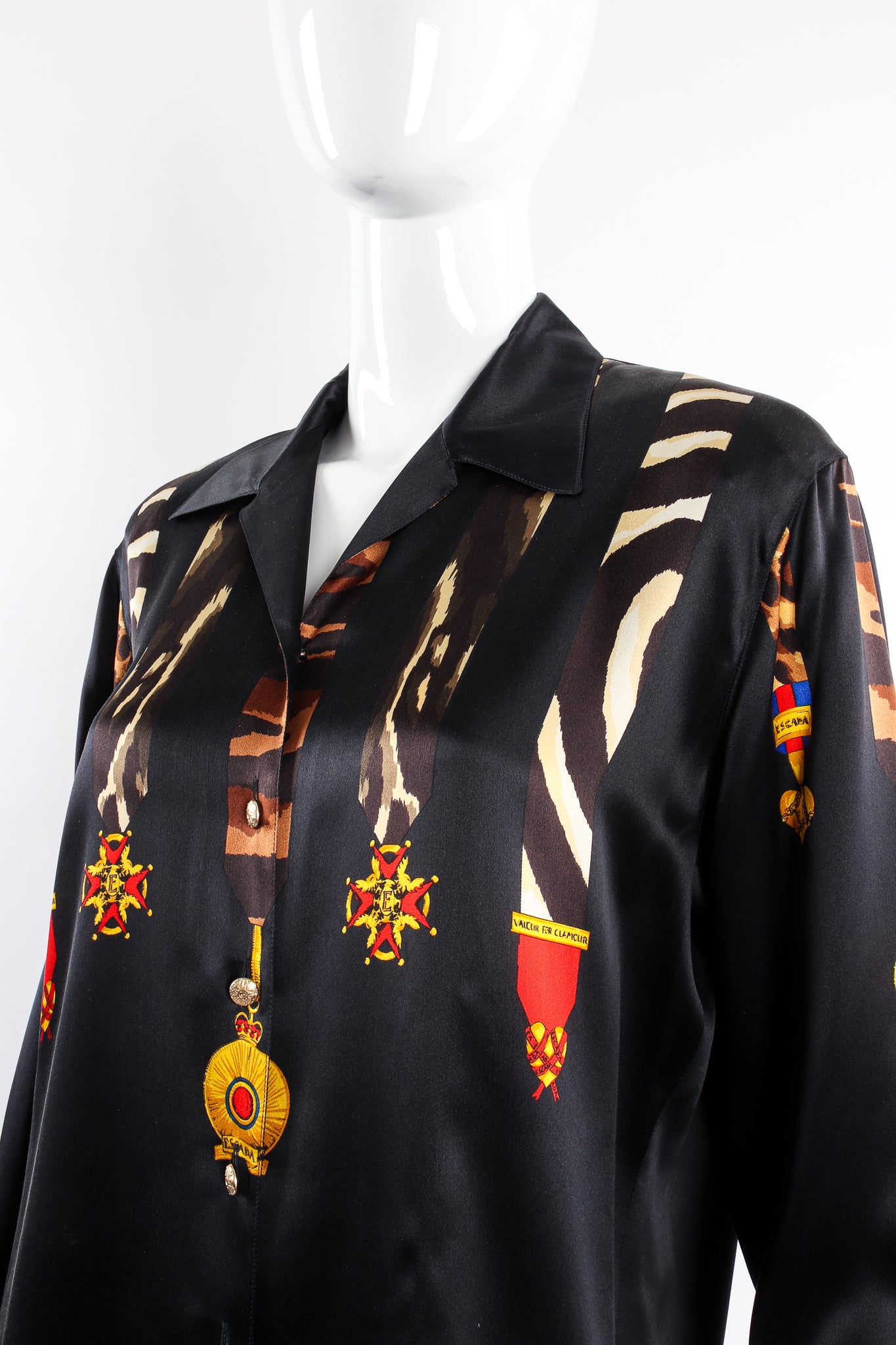 Vintage Escada Animal Ribbon Medals of Valor Shirt on Mannequin angle crop at Recess Los Angeles