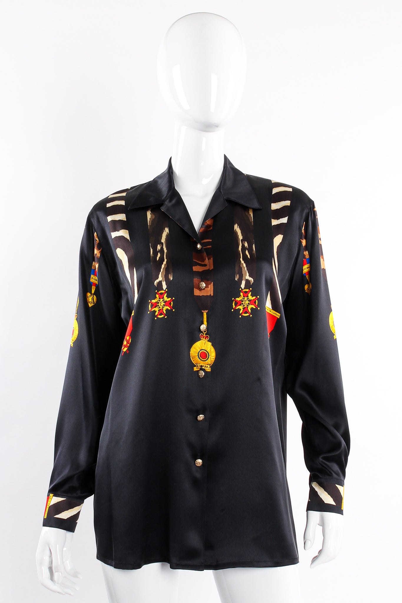 Vintage Escada Animal Ribbon Medals of Valor Shirt on Mannequin front at Recess Los Angeles