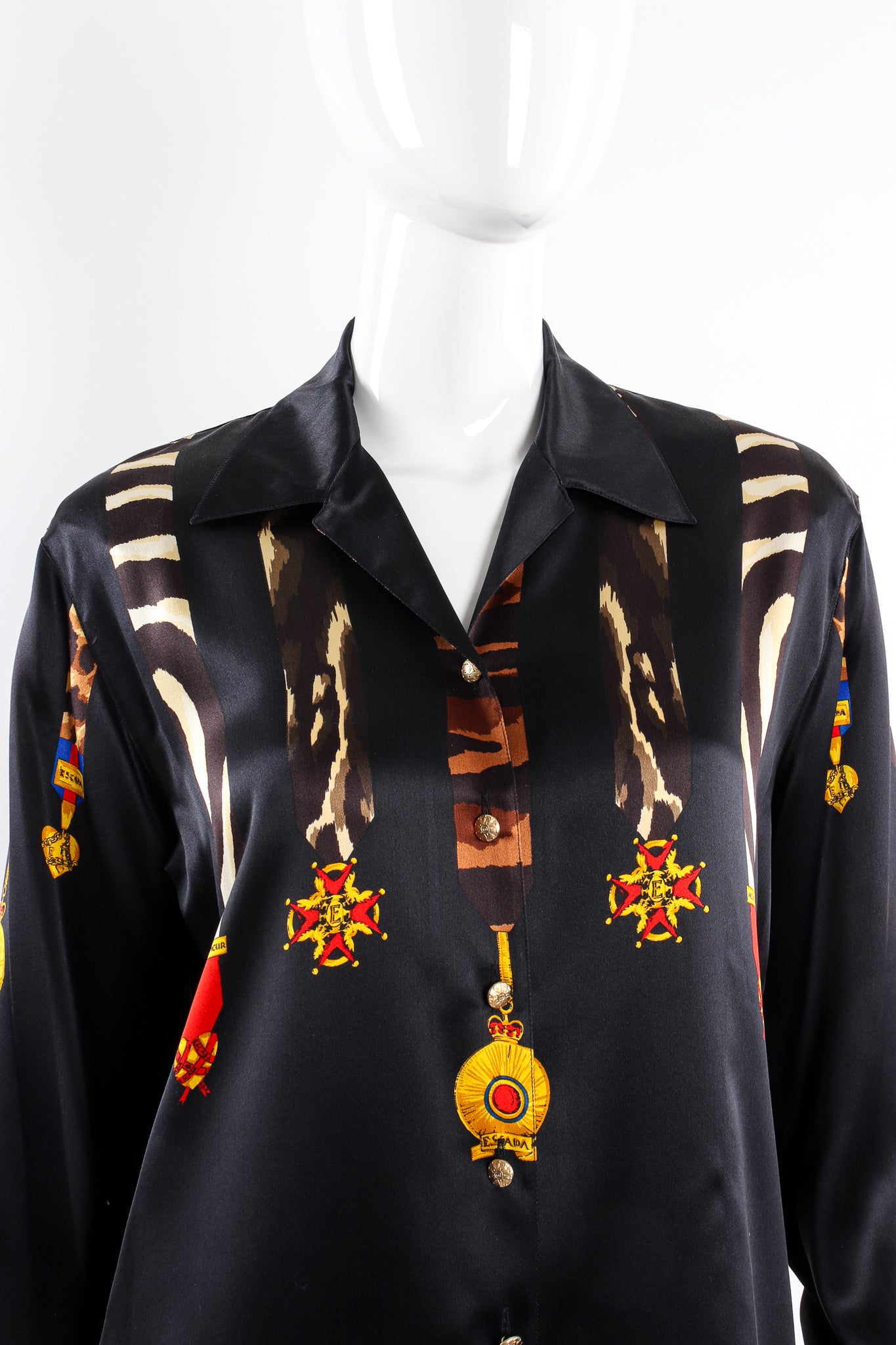 Vintage Escada Animal Ribbon Medals of Valor Shirt on Mannequin front crop at Recess Los Angeles