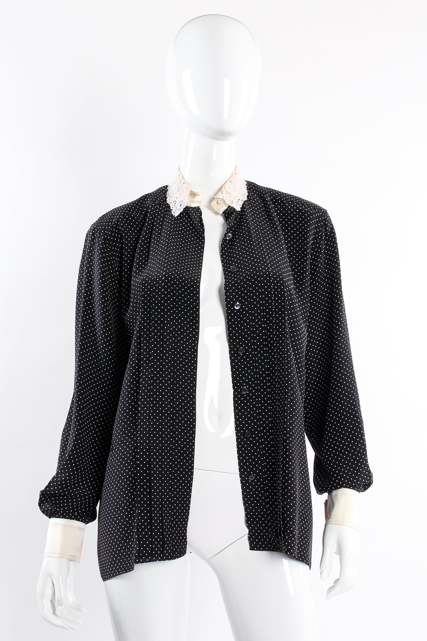 Vintage Escada Crochet Collar Dotted Silk Blouse on Mannequin open at Recess Los Angeles