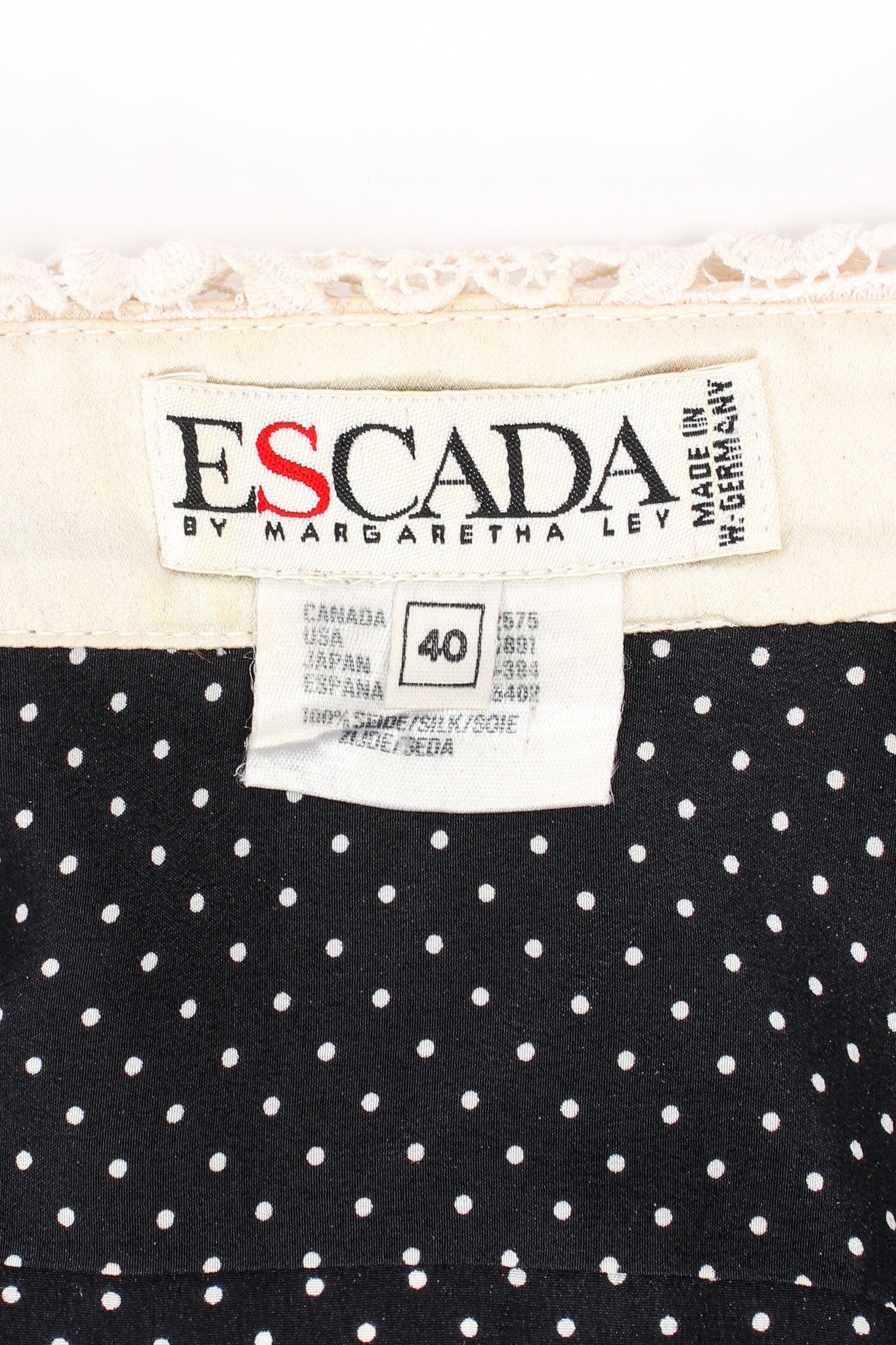Vintage Escada Crochet Collar Dotted Silk Blouse label at Recess Los Angeles